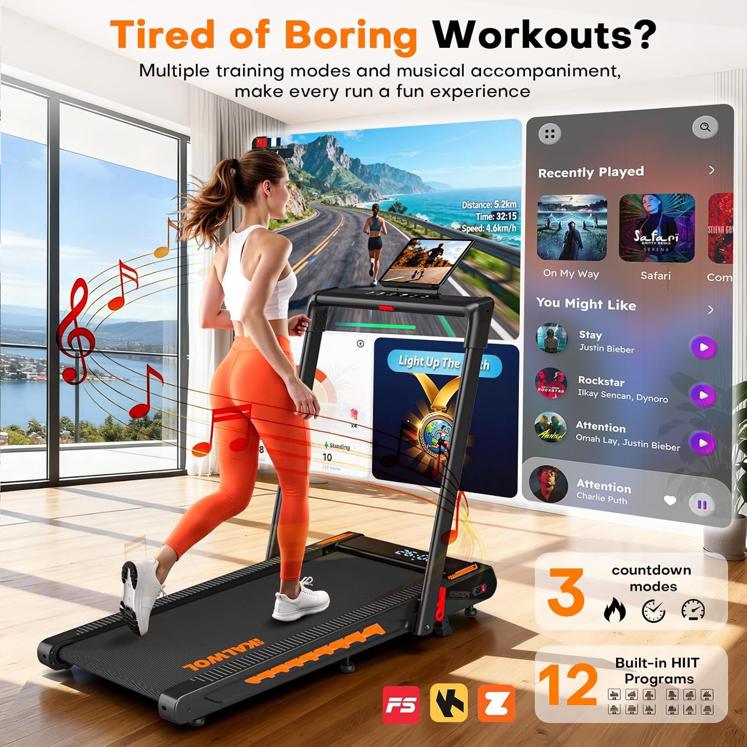 Treadmill with Speaker, 6-in-1 7.5MPH Foldable Treadmill for Home with App Compatible, Walking Pad with 10% Incline, LED Display, 3.0HP Brushless Drive, 350 LB Weight Capacity, 12 HIIT Programs - Image 3