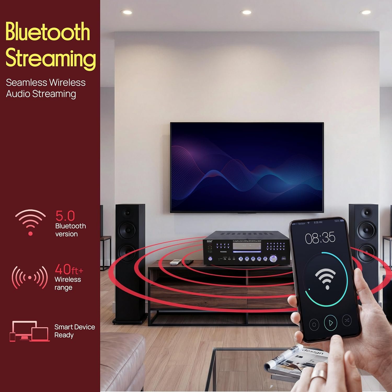 Pyle 4 Channel Bluetooth Home Amplifier - Front Loading DVD/CD Player - 3000W Peak Stereo Receiver - 2 Mic Inputs w/ Echo, FM Radio,Optical In,USB,RCA,Composite, LED Level Meter, Rack Mount - PD3000BA - Image 4