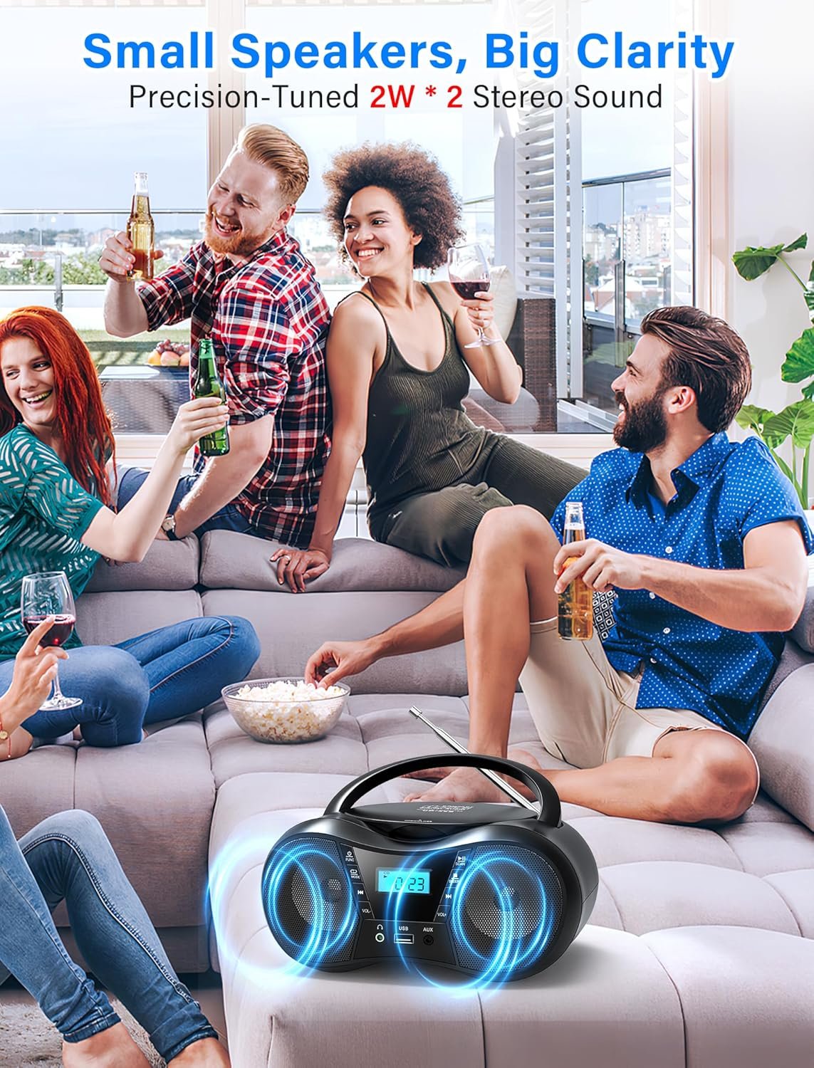 Greadio Boombox Portable CD Players for Home with Bluetooth, Boom Box CD Player FM Radio Combo, Stereo Sound, AC/Battery Powered, CD/CD-R/RW Compatible, Support AUX/USB/Headphone, Timer, Repeatable - Image 4