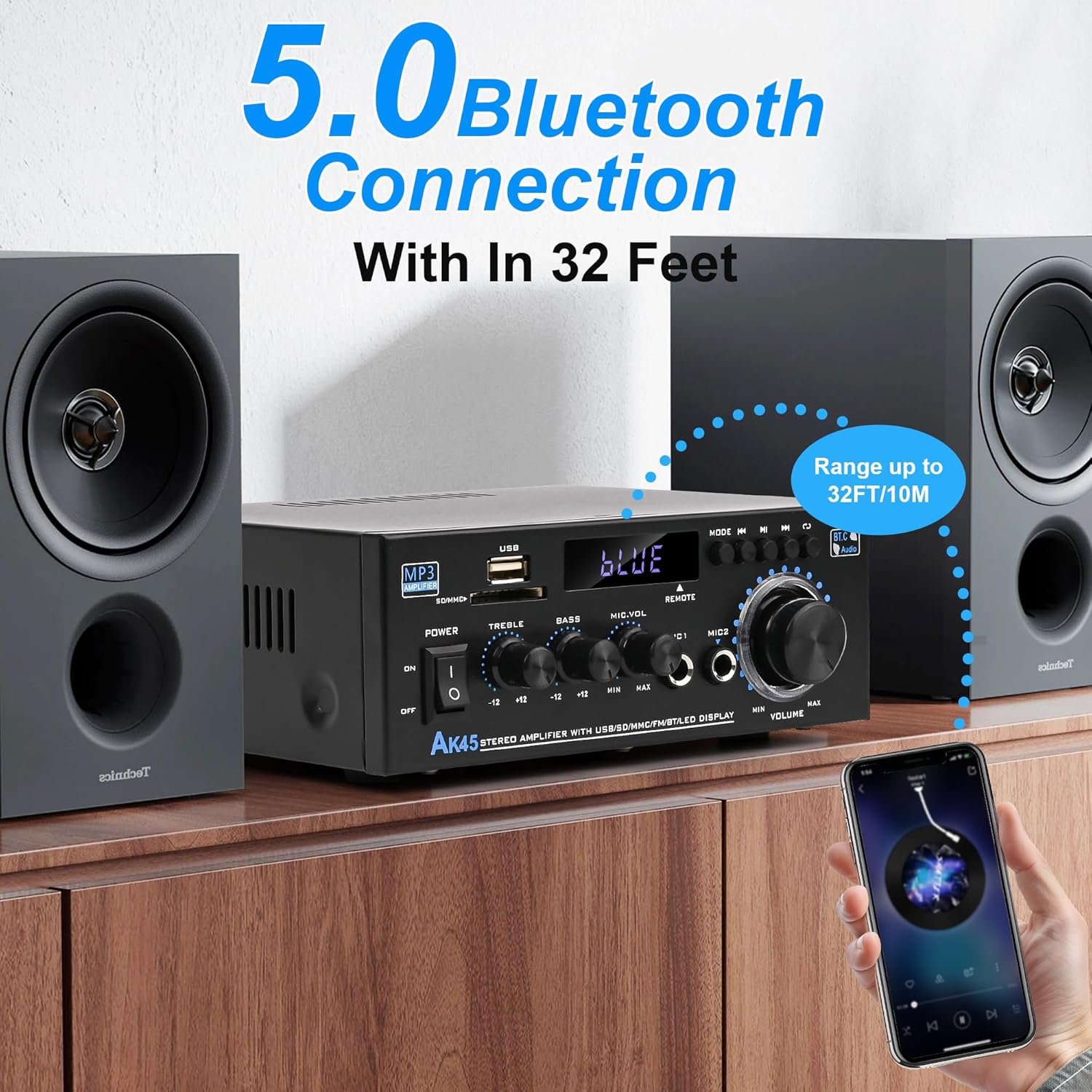 Stereo Audio Amplifier 2025 Upgraded AK45 Bluetooth Receiver for Home Stereo, 400W 2 Channel Wireless Bluetooth 5.0 Power Amplifier System with FM Radio, USB, SD Card, and Remote Control - Image 4