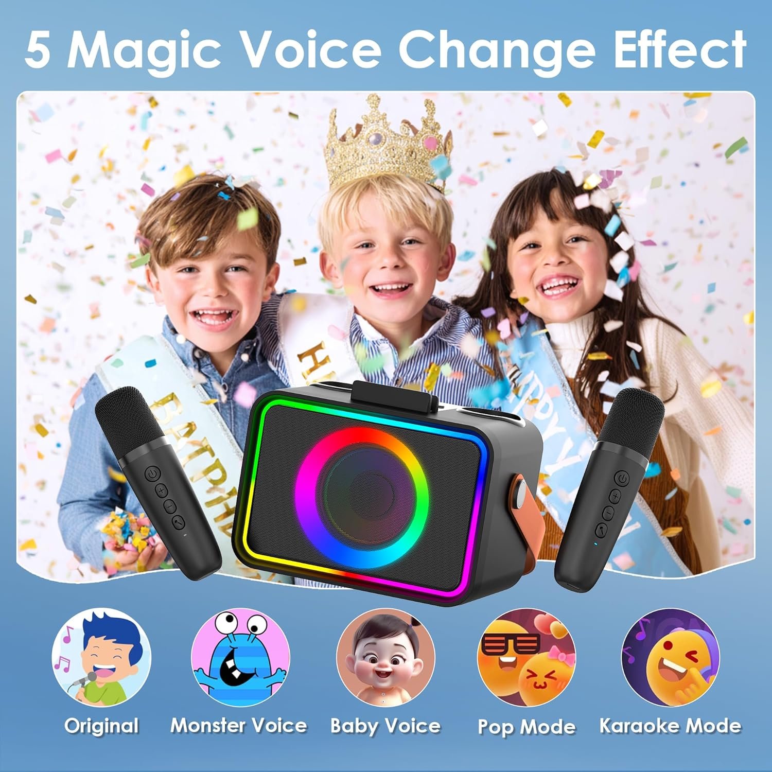Karaoke Machine,Portable Bluetooth Speaker with 2 Wireless Microphone for Adults & Kids with LED Lights, Karaoke Microphone with PA System Supports USB/TF/AUX,Gift for Party(Black) - Image 3