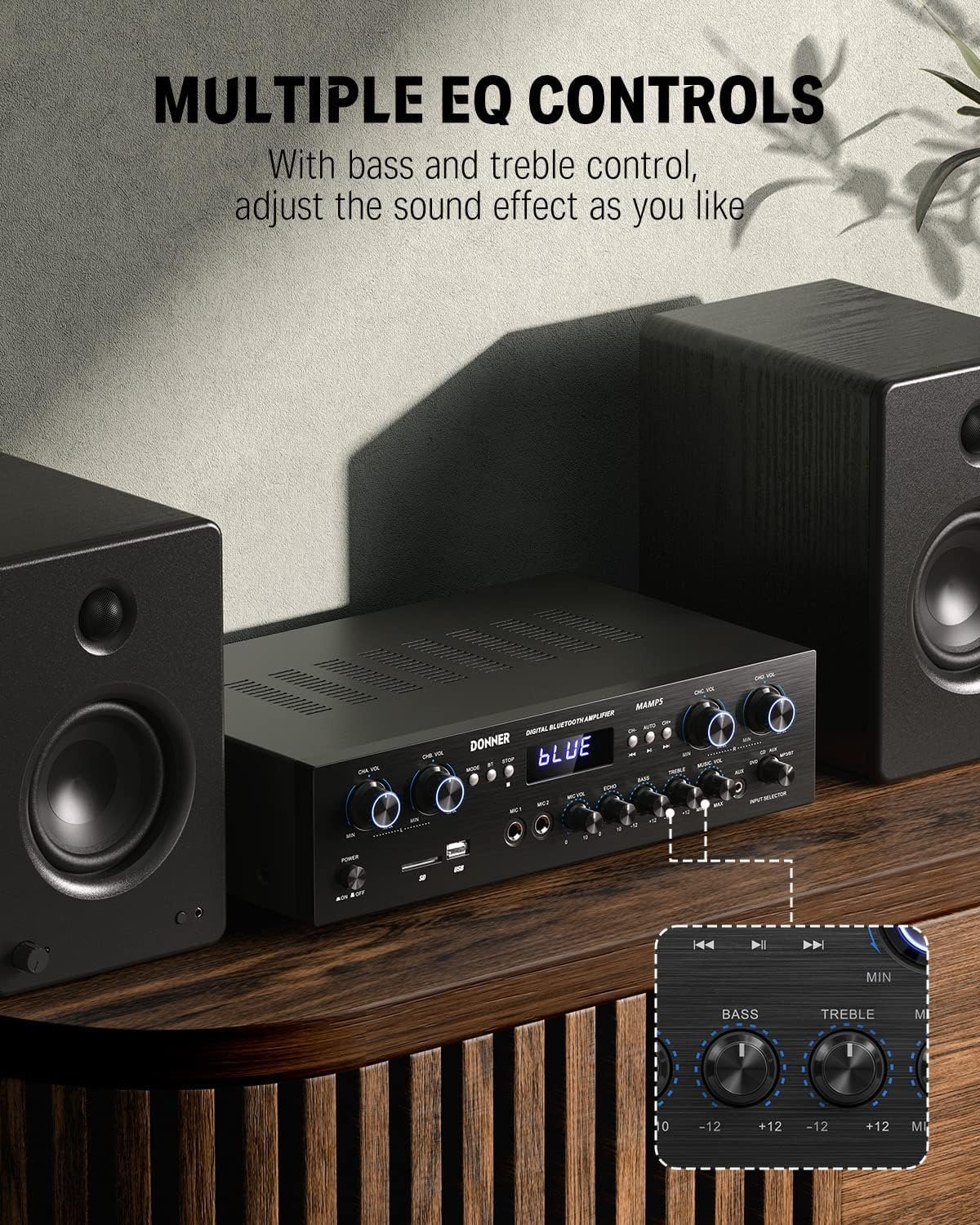 Donner Bluetooth 5.0 Stereo Audio Amplifier Receiver, 4 Channel 440W Peak Power Home Theater Stereo Receiver with USB, SD, FM, 2 Mic in Echo, RCA, LED, Speaker Selector for Studio, Home - MAMP5 - Image 4