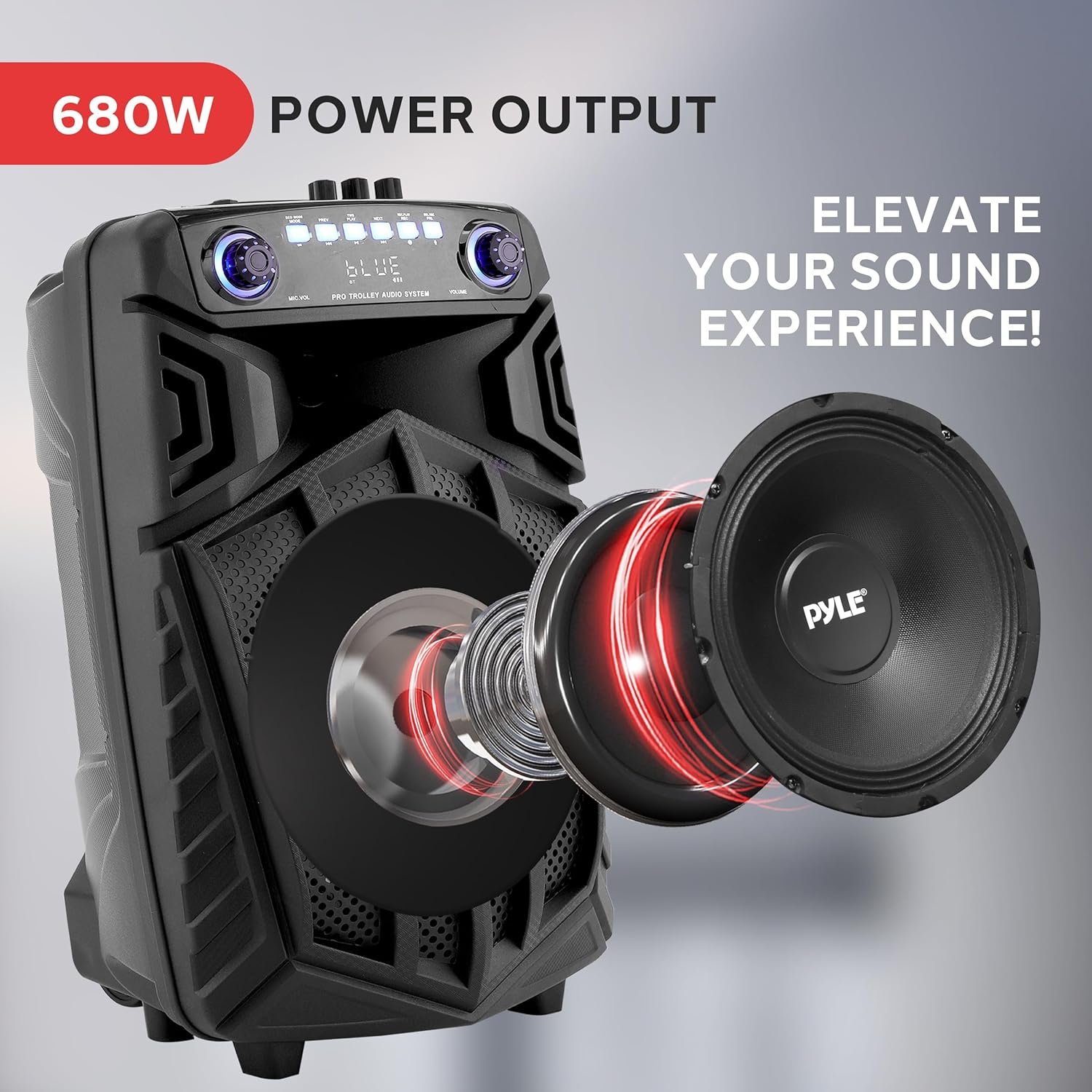 Pyle 680W Portable Bluetooth PA Speaker - 10" Rechargeable Outdoor Karaoke Speaker, Audio System w/Wireless Mic and Wheels, TWS, Lights, LED Display, 6.5mm Mic Input, FM/AUX/MP3/USB/SD - Image 2