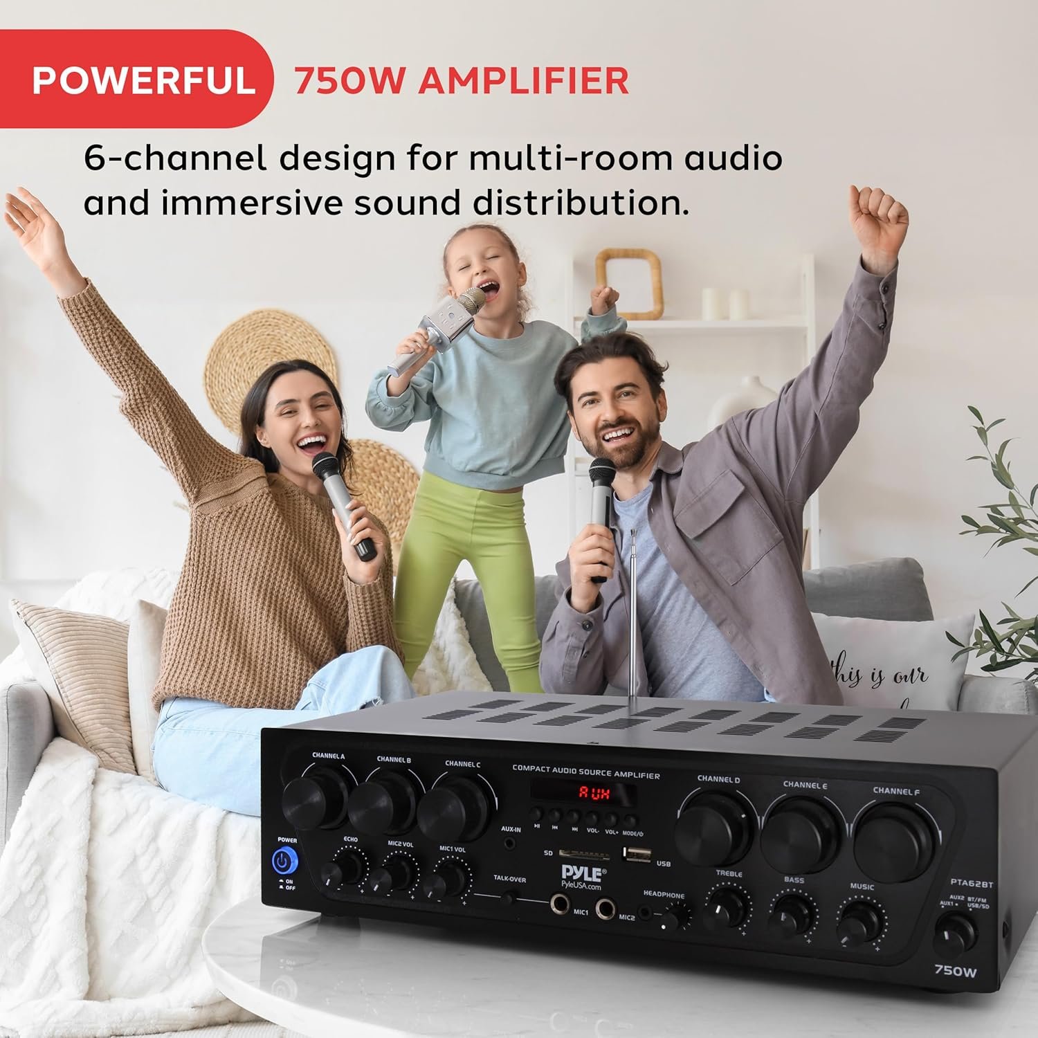 Pyle Bluetooth Wireless Home Amplifier System - Upgraded 6 Channel Audio, 750 Watt Power, Easy Karaoke, Stereo Receiver w USB-A, Micro SD, Headphone, 2 Microphone Input w/Echo, Talkover for PA - Image 3