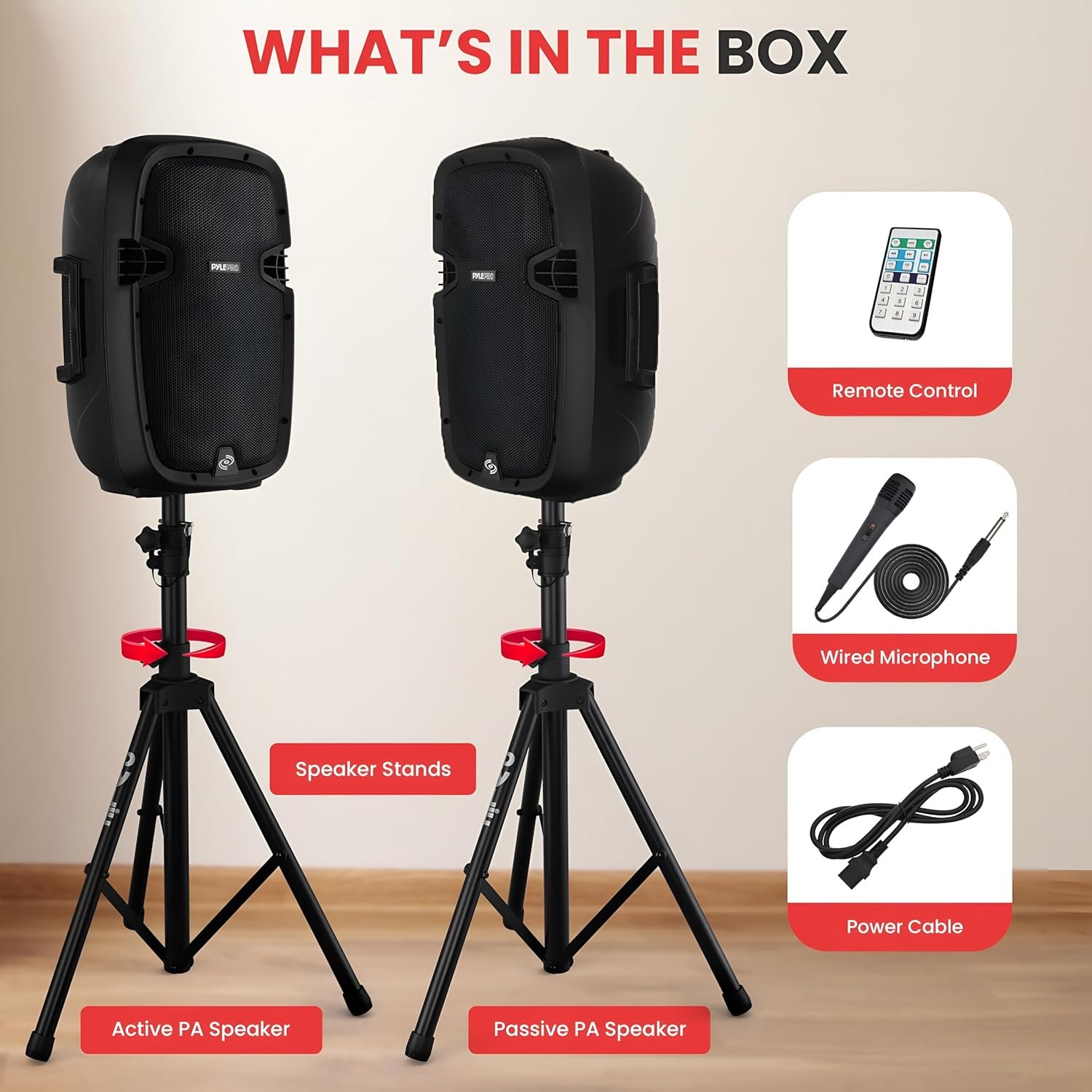 Pyle 10" Wireless Portable PA system - 1000W High Powered Bluetooth Compatible Active + Passive Pair Outdoor Sound Speakers w/ USB SD MP3 AUX - 35mm Mount, 2 Stands, Microphone, Remote - PPHP1049KT - Image 2