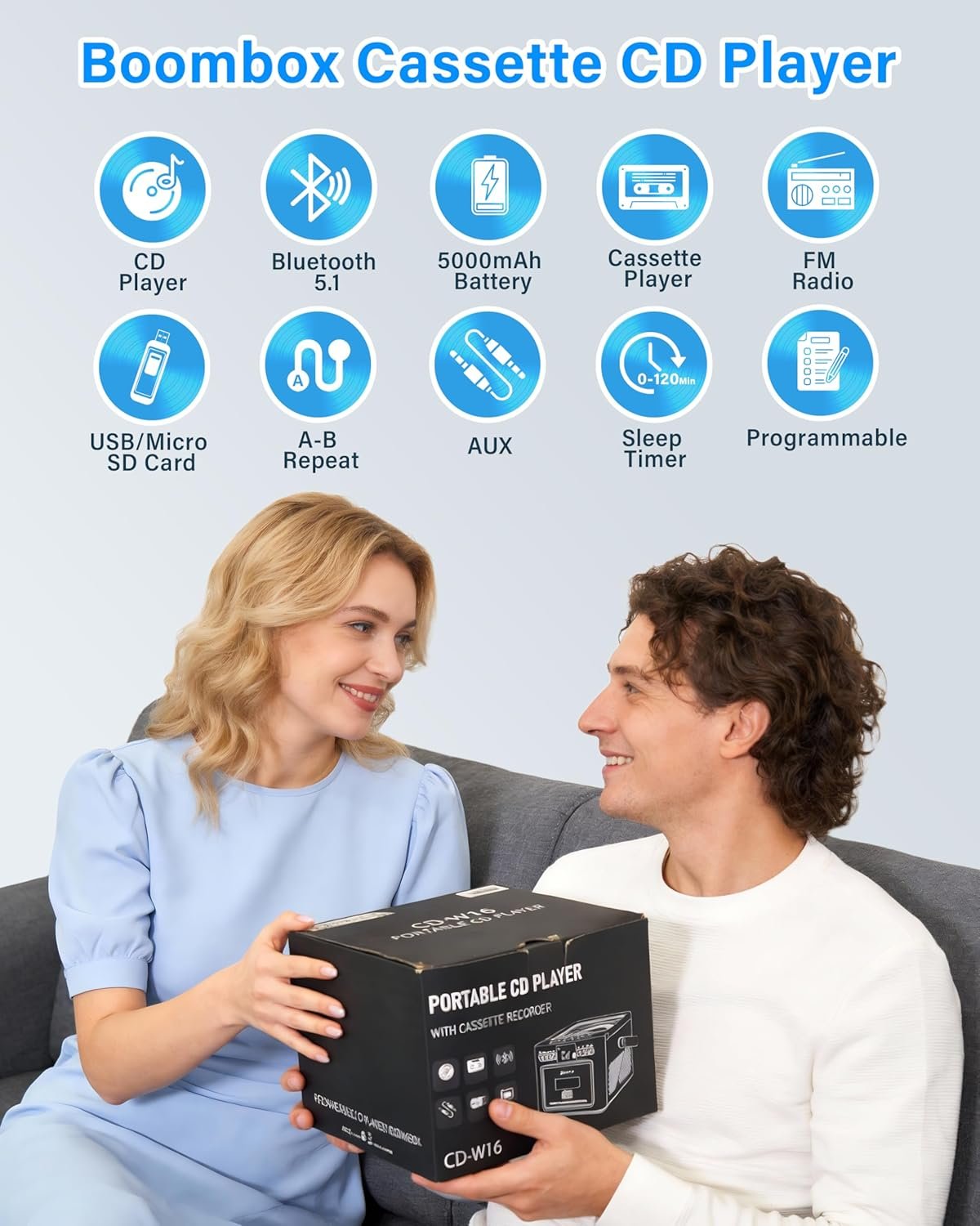Greadio Boombox CD and Cassette Player Combo, 5000mAh Rechargable CD Player Boombox with Bluetooth Receive/Transmit/FM Radio/USB/TF/AUX/Remote Control, Boom Box Cassette Player for Home Outdoor - Image 5