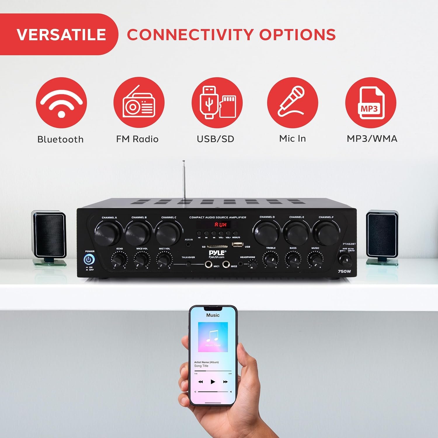 Pyle Bluetooth Wireless Home Amplifier System - Upgraded 6 Channel Audio, 750 Watt Power, Easy Karaoke, Stereo Receiver w USB-A, Micro SD, Headphone, 2 Microphone Input w/Echo, Talkover for PA - Image 6