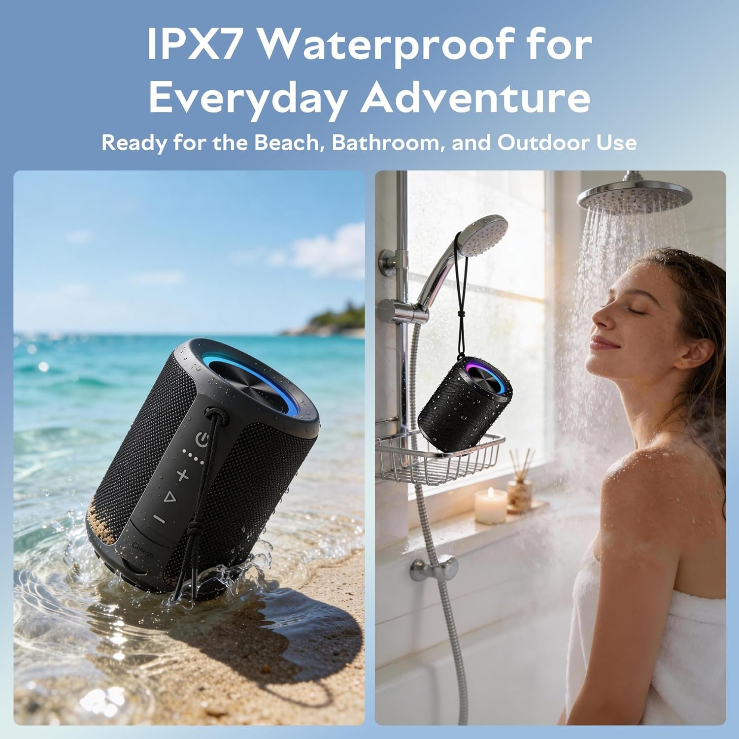 Portable Bluetooth Speaker, IPX7 Waterproof Wireless Speaker with 20W Loud Stereo Sound, 15H Playtime & Beat-Synced RGB Light, Small Outdoor Speaker for Shower, Pool, Beach, Hiking and Gifts - Image 6