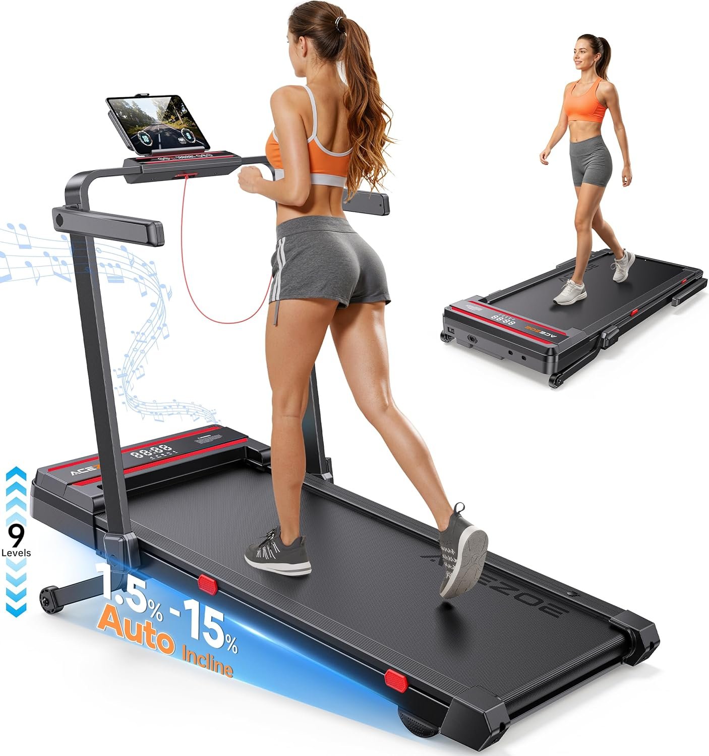 Foldable Walking Pad with 0-15% Auto Incline and Handle Bar, Under Desk Treadmill with 300LBS Weight Capacity, 3.0HP Quiet Treadmills for Home with Speaker, APP & Remote Control - Image 9