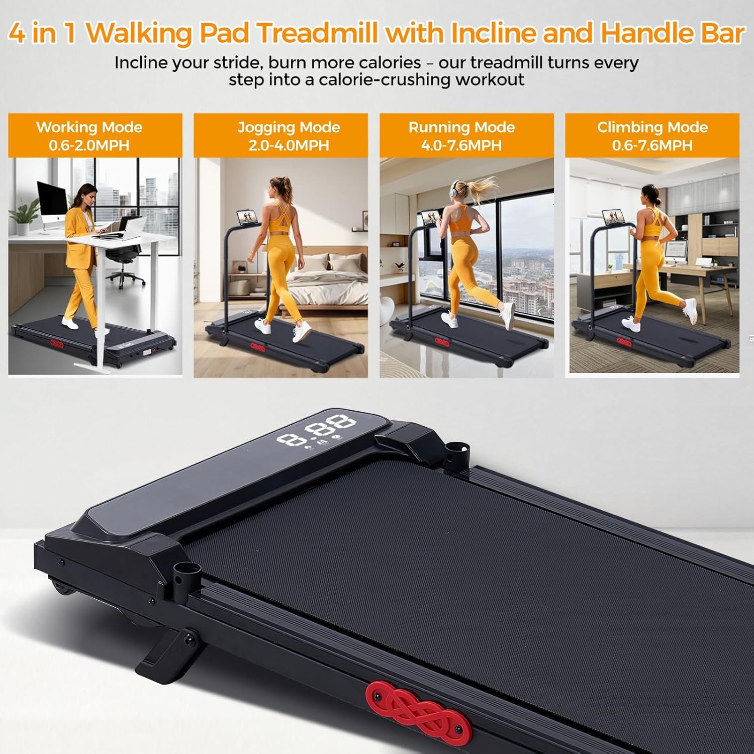 KASSADIN Walking Pad with Handle Bar, 2026 Upgrade Portable Small Treadmill with Handles for Home Small, 3.0HP Under Desk Walking Pad Treadmill with Incline, 0.6-7.6MPH, 350LBS - Image 2