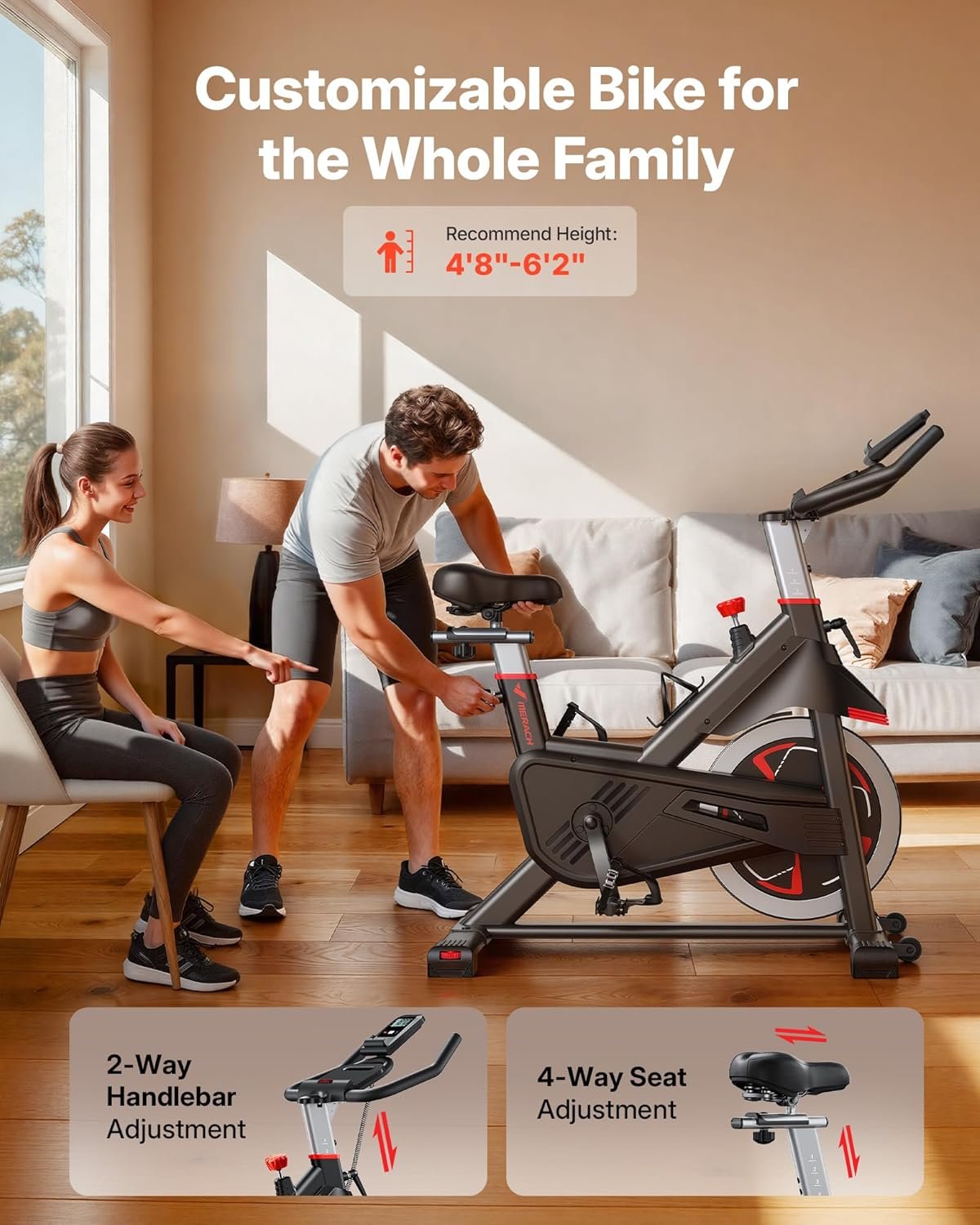 Merach Exercise Bike for Home Gym, Low Noise Stationary Bike with Brake Pad, Indoor Workout Bike with Self-Developed App, Tablet Mount and Fitness Courses for Weight Loss, 300 Lb Weight Capacity - Image 4