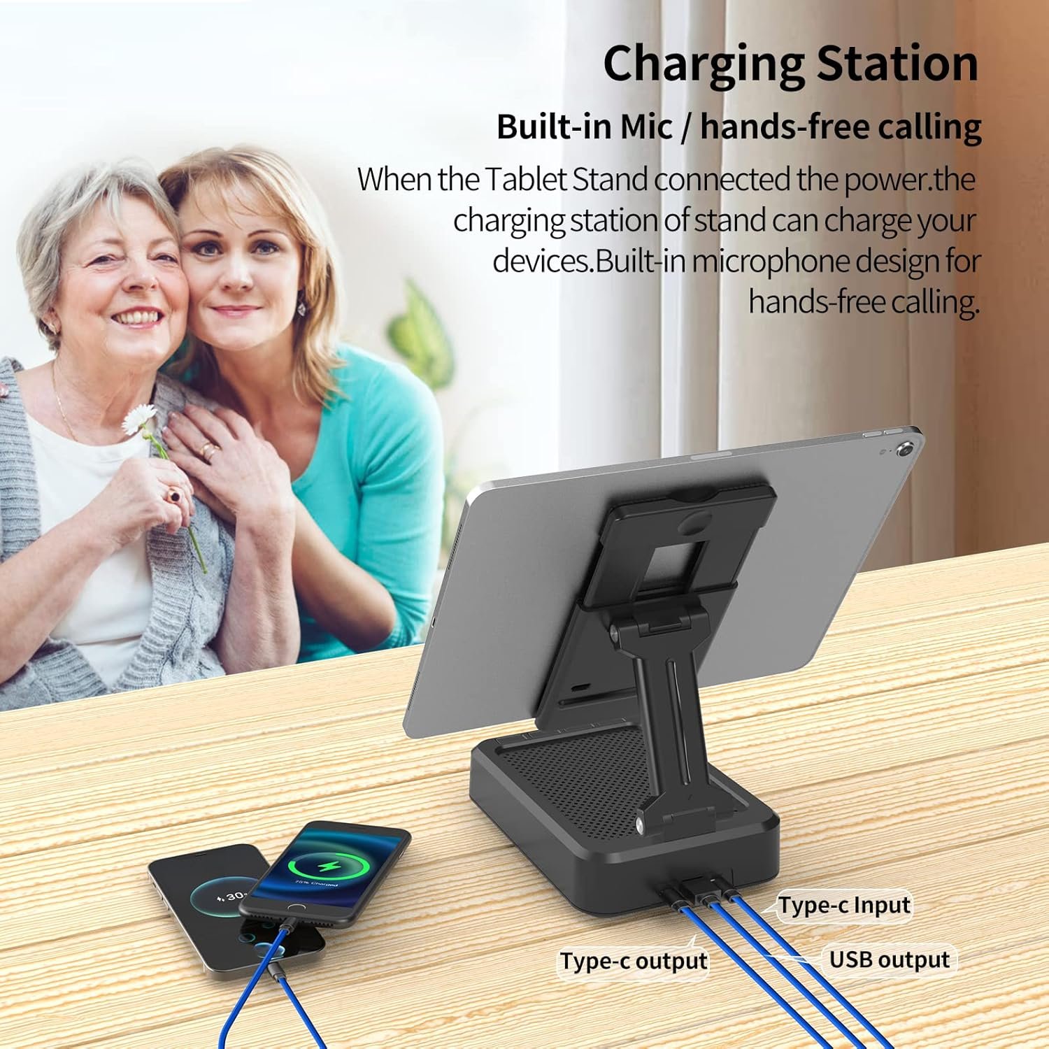 JTEMAN Tablet Stand Adjustable with Bluetooth Speakers,Kitchen Gadgets,Gifts for Women Men,Wireless Bluetooth Speaker Tablet Holder,Desk Mic Charging Sation Compatible with Phones and Tablet - Image 4