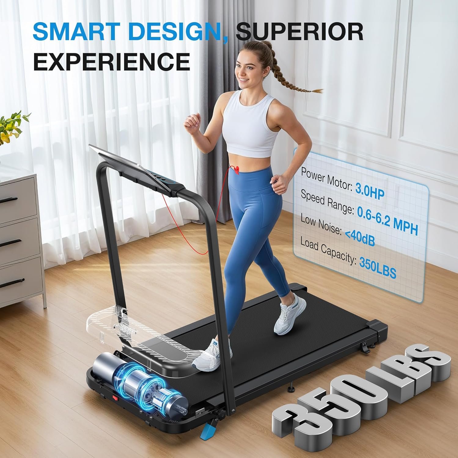 WELLFIT Folding Treadmill with Incline,320+ lbs Capacity Portable Treadmills with Handlebar, Under Desk Treadmill for Home Office,Low Noise Walking Pad with Smart Voice Control for Jogging Running - Image 4