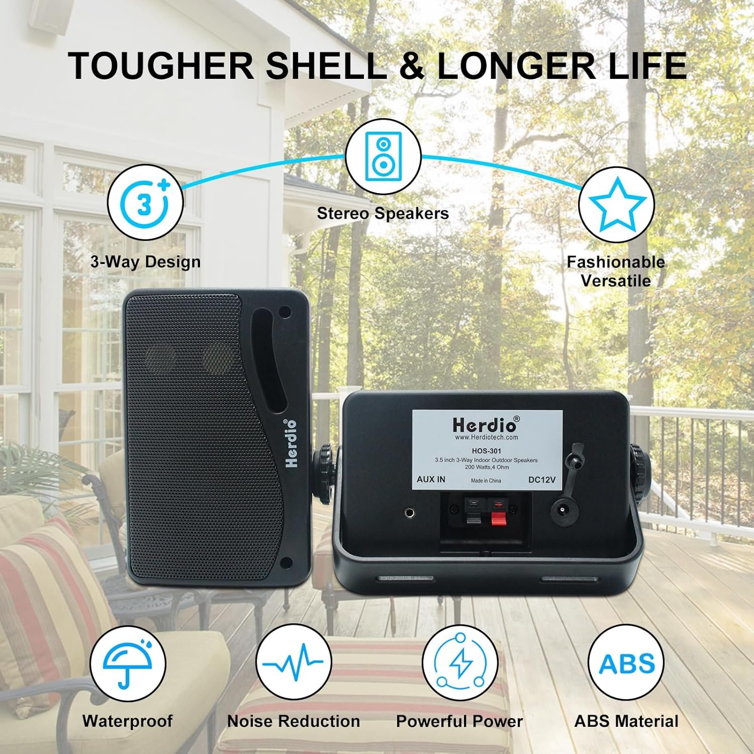 Herdio 3.5" Outdoor Bluetooth Speakers Wired Waterproof, 200W 3 Way Upgrade Premium Wall Mount Speakers, Durable Mountable Loud Sound System for Patio Indoor Deck Garage (Black Pair) - Image 7