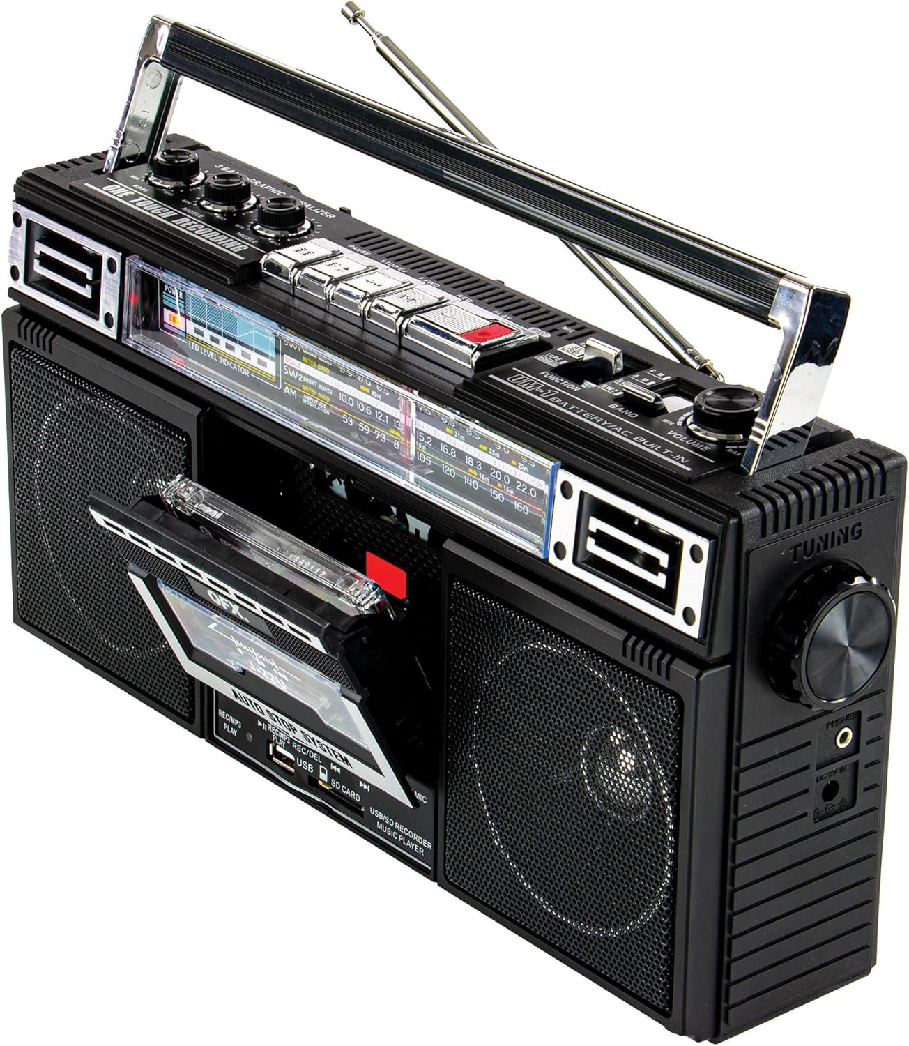 QFX J-220BT Boombox MP3 Conversion from Radio to Cassette with 4-Band (AM, FM, SW1, SW2) Radio with Bluetooth, Rechargeable Battery, Dual 3” Speakers, Built-in Microphone, Recorder, 3-Band Equalizer - Image 9