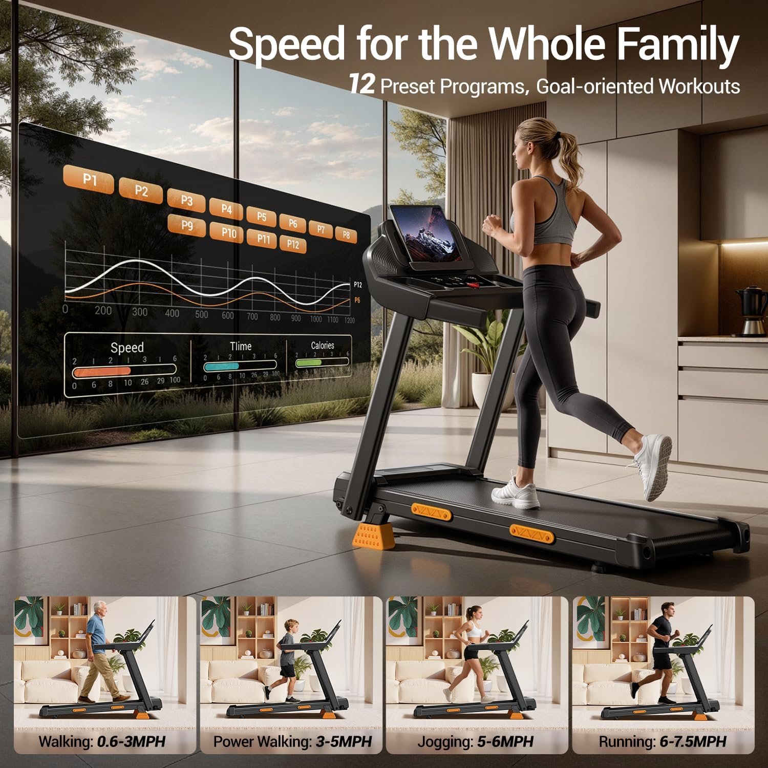 16% Treadmills for Home with Handle, 3 in 1 Portable Treadmill with Incline, Foldable Treadmill with Three Screen, 12 Preset Programs, 400LBS - Image 3