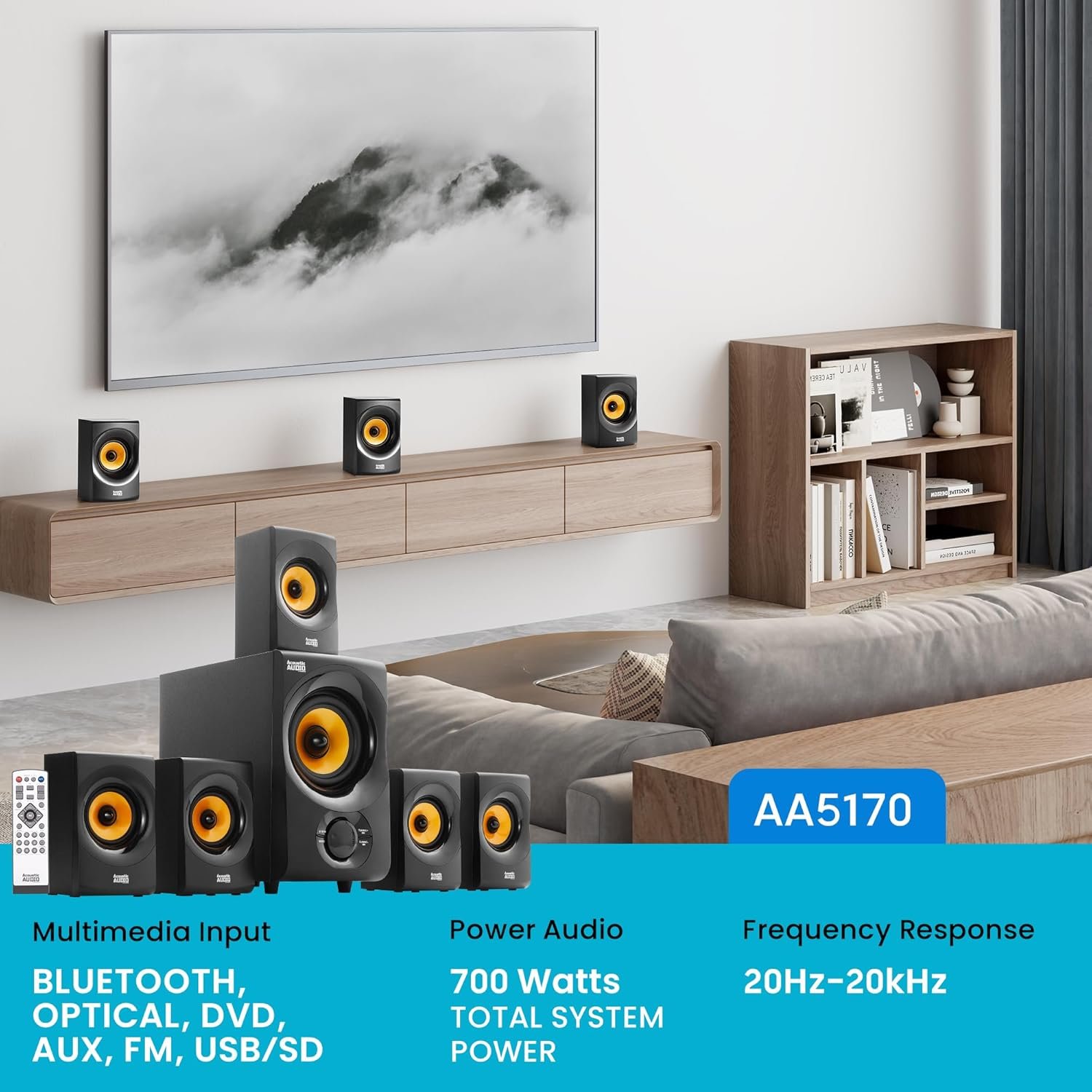 Acoustic Audio AA5170 Home Theater 5.1 Bluetooth Speaker System 700W with Powered Sub - Image 2