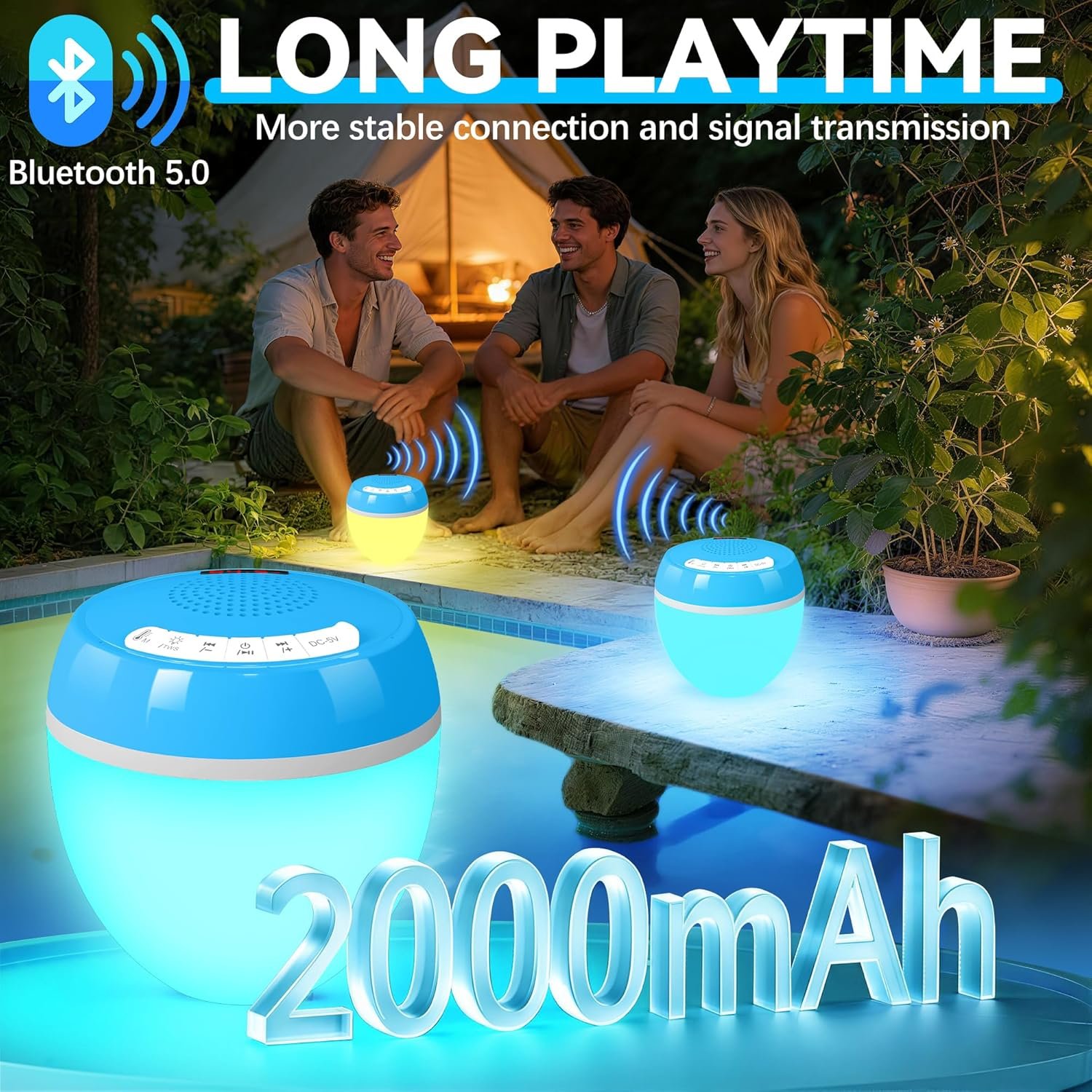 FluSing 3 in 1 Floating Pool Speaker with Digital Thermometer,Bluetooth Pool Speaker with Colorful Lights,TWS Floating Bluetooth Speaker for Pool IP68 Waterproof,Loud Sound Hot Tub Speakers-Light Blue - Image 6