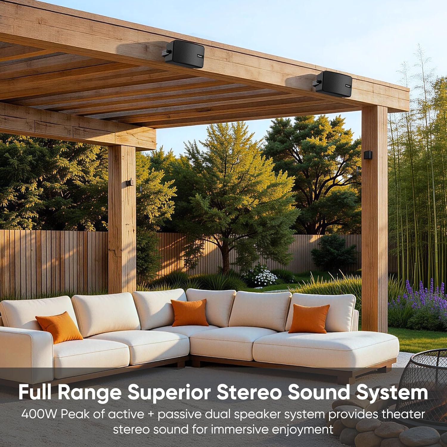 Inwa Upgraded 400W Outdoor Bluetooth Speakers Pair - Active Passive Wall Mount Stereo Speaker, Wireless Multi-Speaker Connection with Auracast, Sound System w/Aux for Porch, Patio, Garage, Home - Image 2