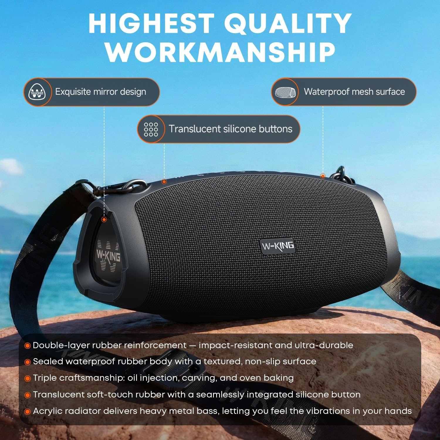 W-KING Bluetooth Speaker, 120W Max Loud Portable Speakers Bluetooth Wireless Boombox, IPX6 Waterproof Party Large Outdoor Speaker, 70W Triple Passive Radiators- Deep Bass/Subwoofer*2, 42H, TF, AUX, EQ - Image 8