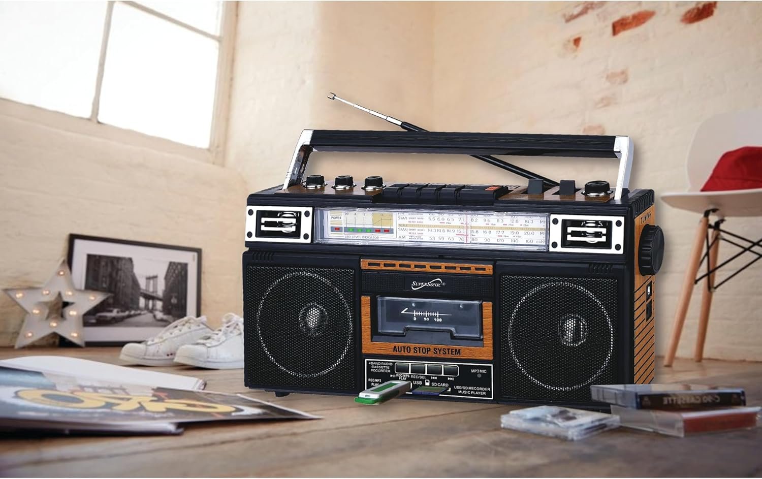 Supersonic SC-3201BT 4 Band Radio & Cassette Player Boombox, Bluetooth Speaker, AM/FM/SW Radio with MP3 Playback, USB & SD Card, 3 Band EQ and Earphone Jack - Image 2