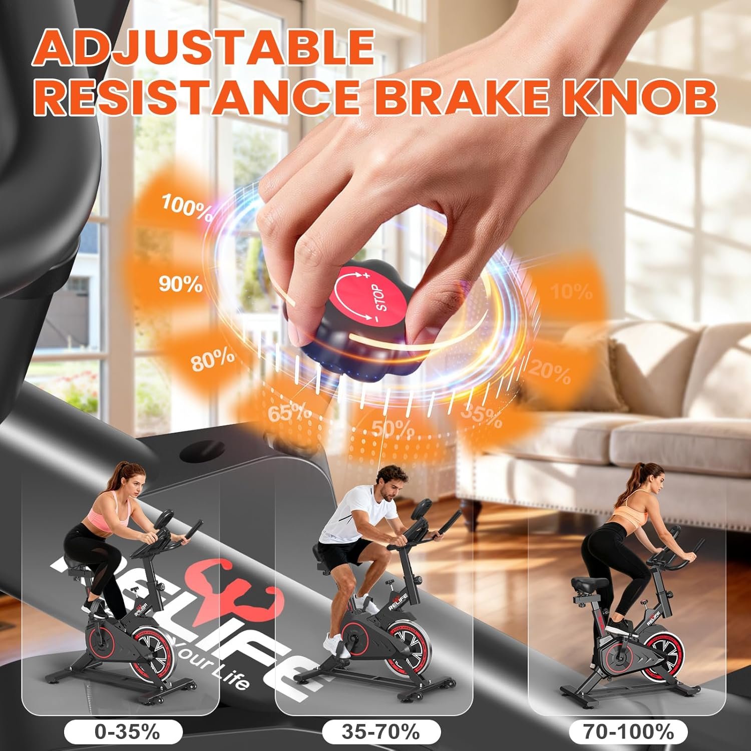 RELIFE REBUILD YOUR LIFE Exercise Bike Stationary for Home Indoor,Cycling Bike with Silent Belt Drive for Home Cardio,Brake Pad Resistance with djustable & Comfort Seat/PAD Holder/LCD Monitor. - Image 4