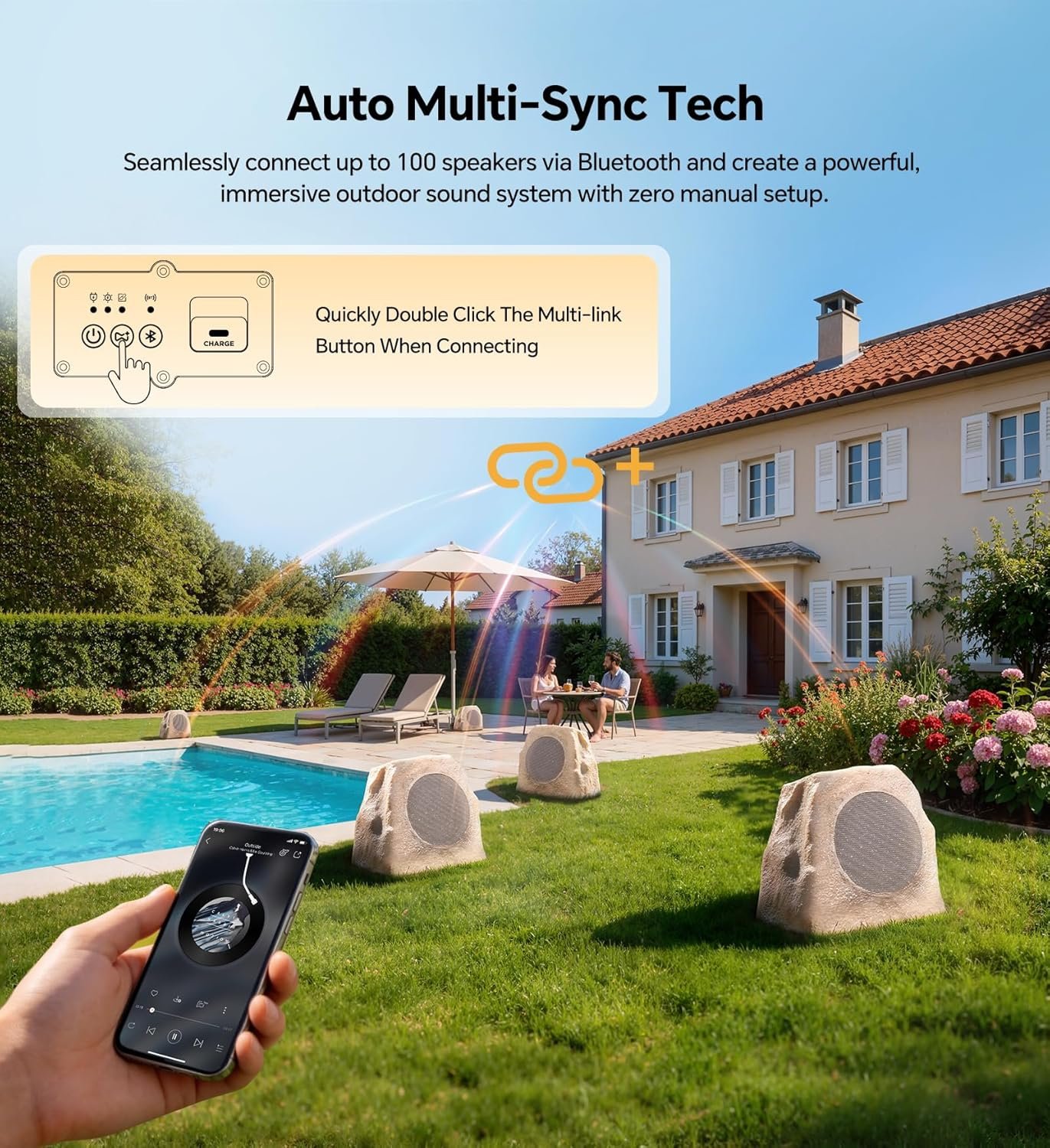 Upgraded Outdoor Rock Speaker 60W Deep Bass Multi-Sync up to 100Pcs, Remote Control, IPX7 Waterproof Solar-Powered with LED Lights Perfect for Pool, Garden, Patio, Ideal for Music Lovers - 2 Packs - Image 2