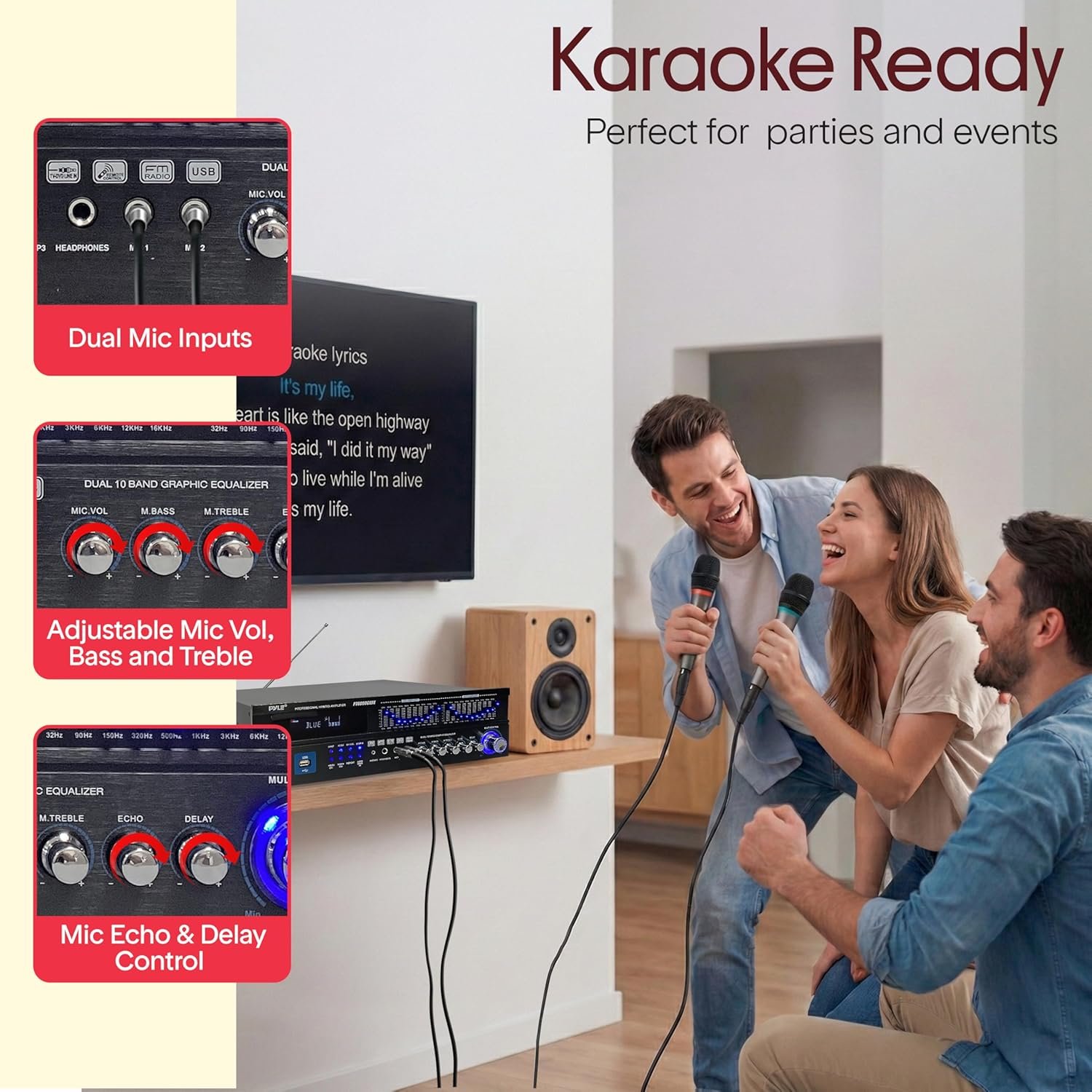 Pyle Bluetooth Hybrid Home Amplifier - 6-Channel 2000W Rack Mount Power Amplifier Receiver w/ Radio - Dual 10 Band EQ, Karaoke Microphone x2, USB, RCA, COAX, OPT, DVD Inputs, HiDef Input and Output - Image 5