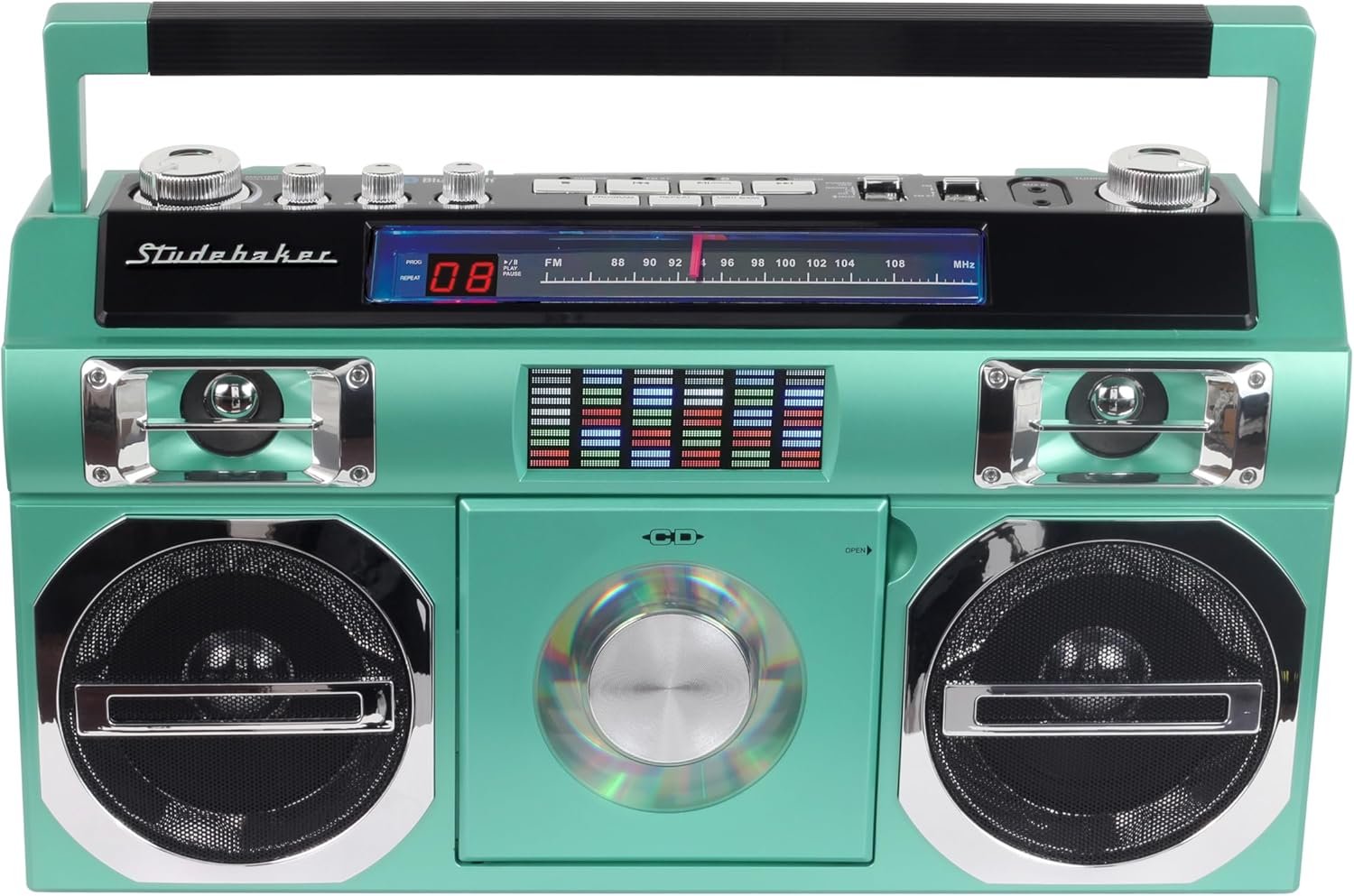 Studebaker SB2145TE 80's Retro Street Bluetooth Boombox with FM Radio, CD Player, LED EQ, 10 Watts RMS Power and AC/DC in Teal - Image 2