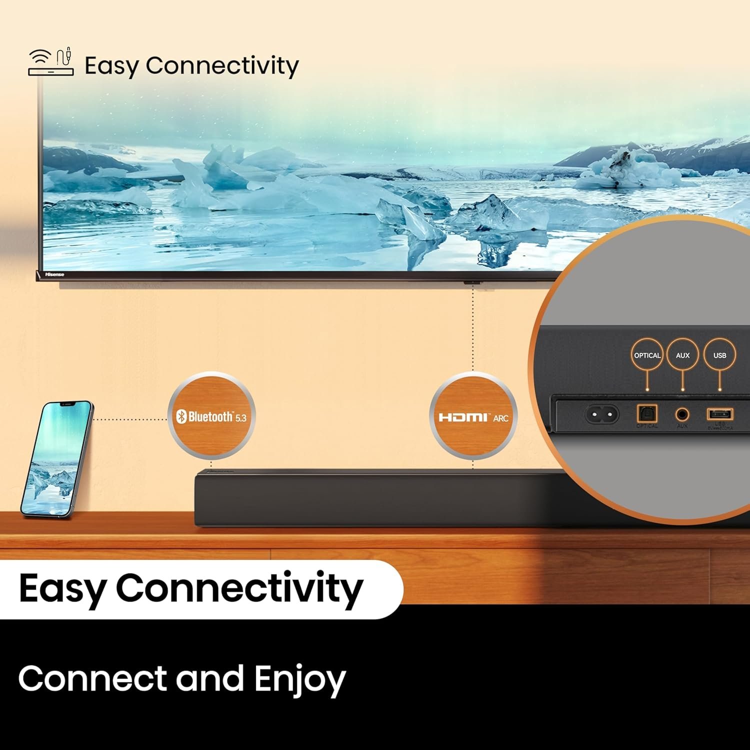 Hisense HS5100 5.1Ch Sound Bar with Wireless Subwoofer, 540W, Dolby Digital Plus, Bluetooth 5.3, EzPlay, Roku TV Ready, DTS: X, HDMI/AUX/ARC/Optical/USB (HS5100, 2024 Model) - Image 7