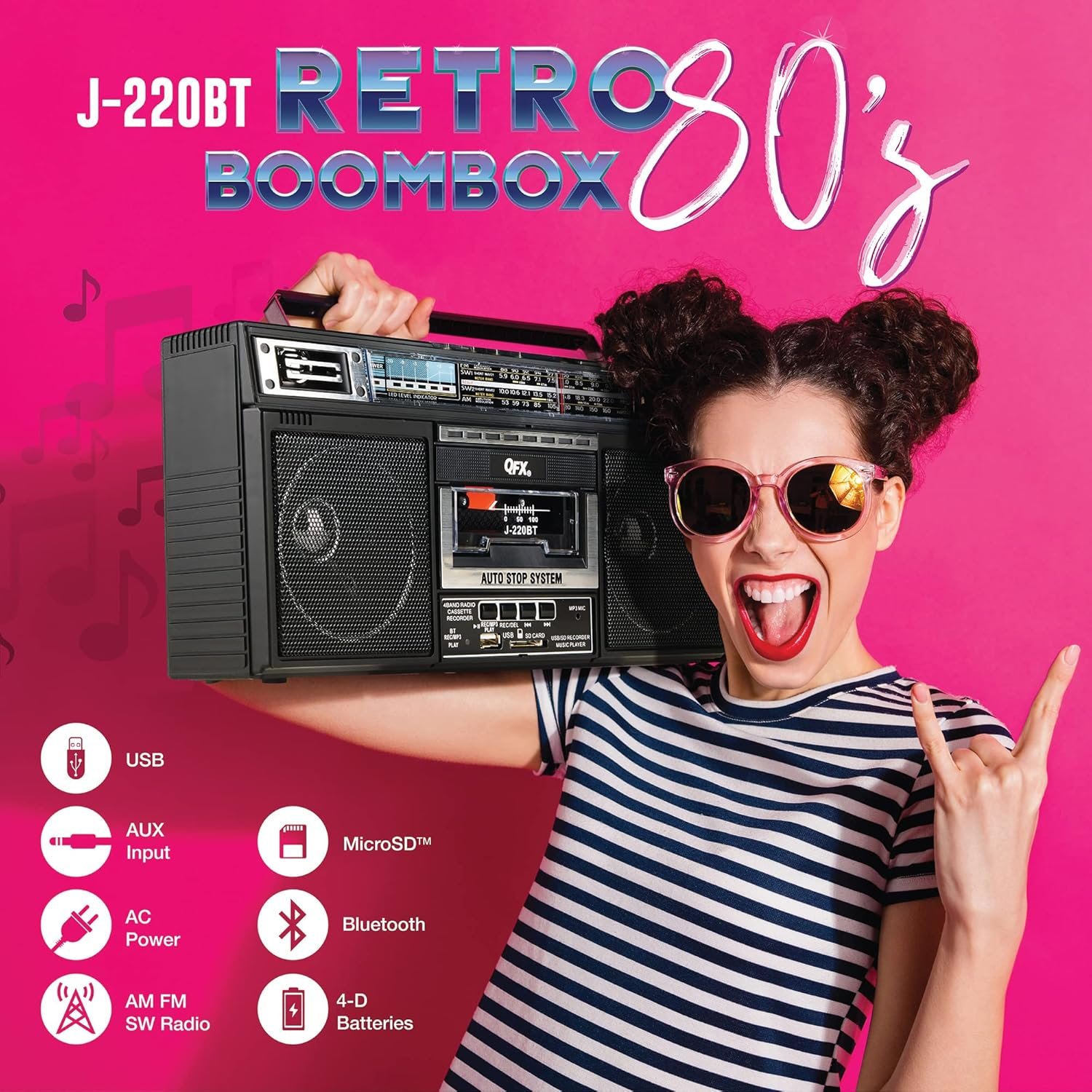 QFX J-220BT Boombox MP3 Conversion from Radio to Cassette with 4-Band (AM, FM, SW1, SW2) Radio with Bluetooth, Rechargeable Battery, Dual 3” Speakers, Built-in Microphone, Recorder, 3-Band Equalizer - Image 2