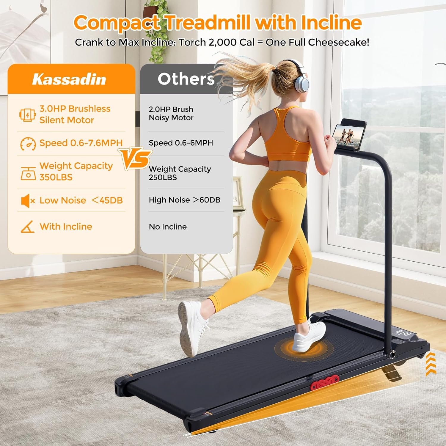 KASSADIN Walking Pad with Handle Bar, 2026 Upgrade Portable Small Treadmill with Handles for Home Small, 3.0HP Under Desk Walking Pad Treadmill with Incline, 0.6-7.6MPH, 350LBS - Image 3