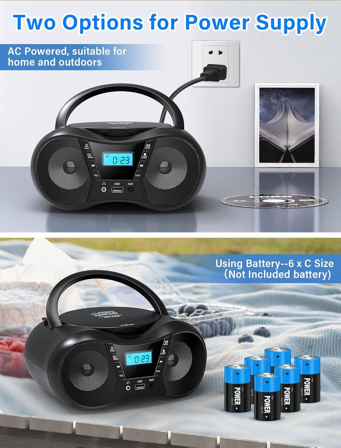 Greadio Boombox Portable CD Players for Home with Bluetooth, Boom Box CD Player FM Radio Combo, Stereo Sound, AC/Battery Powered, CD/CD-R/RW Compatible, Support AUX/USB/Headphone, Timer, Repeatable - Image 6