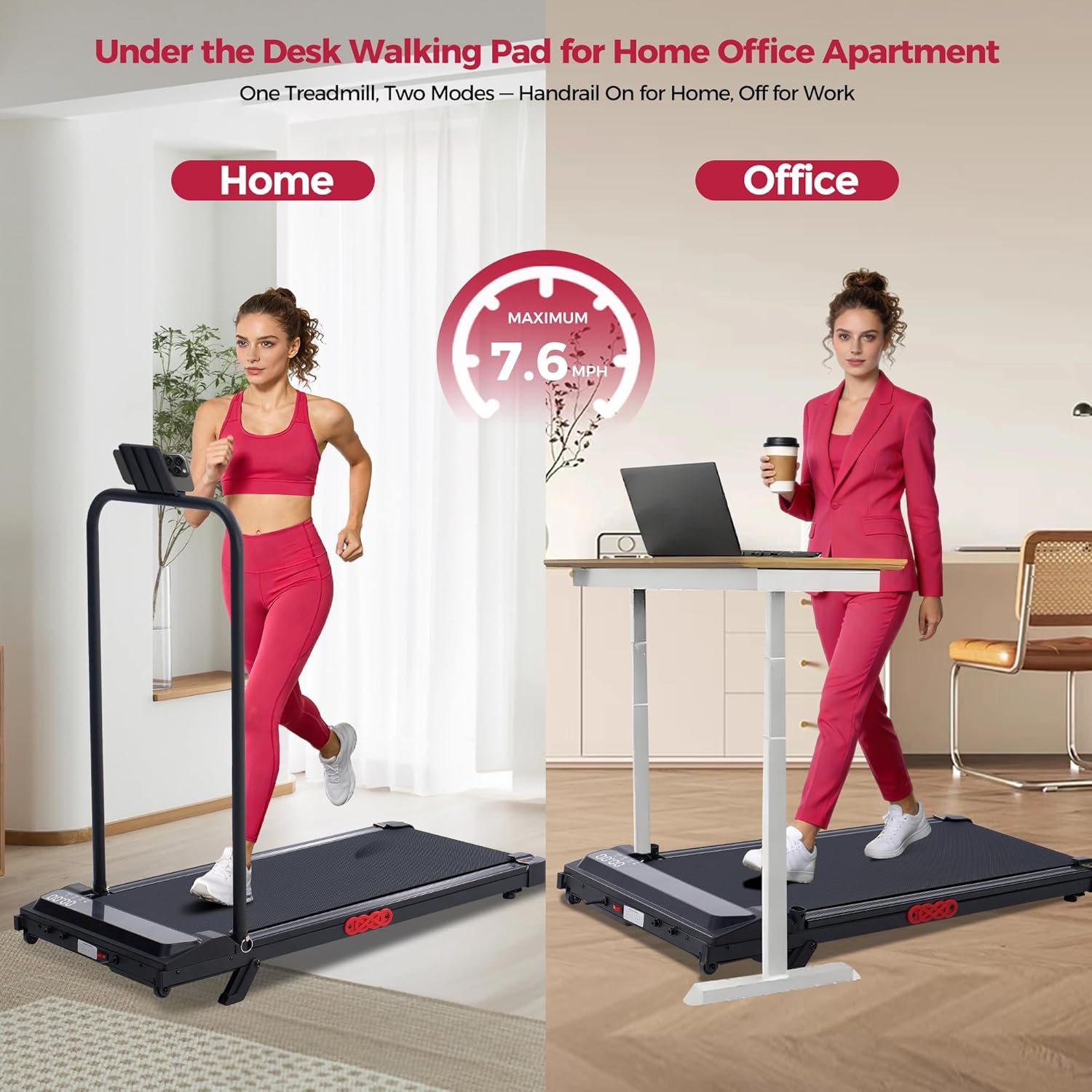 Walking Pad with Handle Bar and Incline, 3.0HP Under Desk Treadmill for Home Small Space, 0.6-7.6MPH Portable Walking Pad Treadmill with Handles, 350LBS, 2026 Upgrade - Image 7