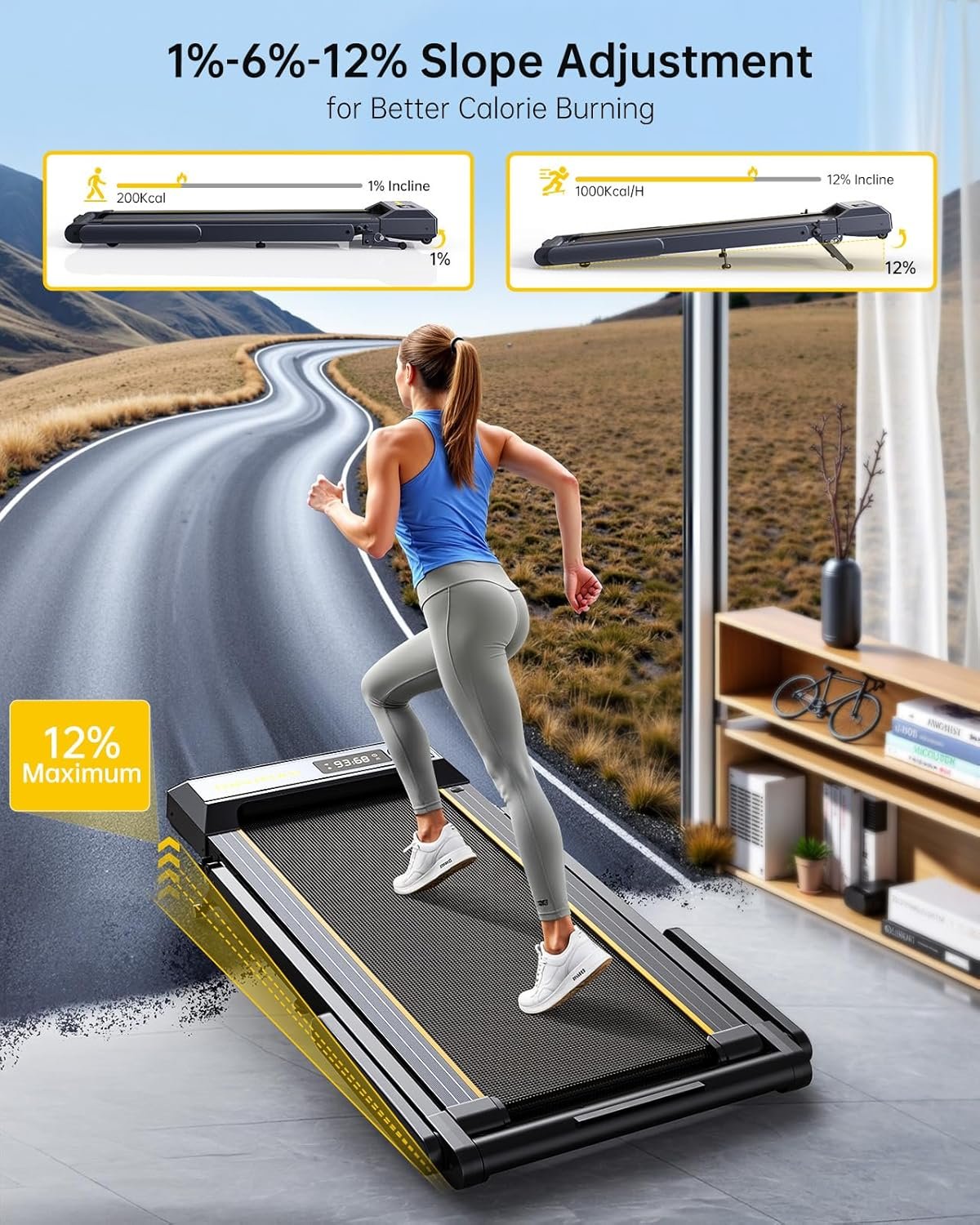TOPUTURE Walking Pad Treadmill with 12% Incline, 4 in 1 Foldable Treadmill with Handle Bar for Home/Office, Under Desk Treadmills Portable Folding Walking Pad with App & Bluetooth Speaker, 0.6-10MPH - Image 2