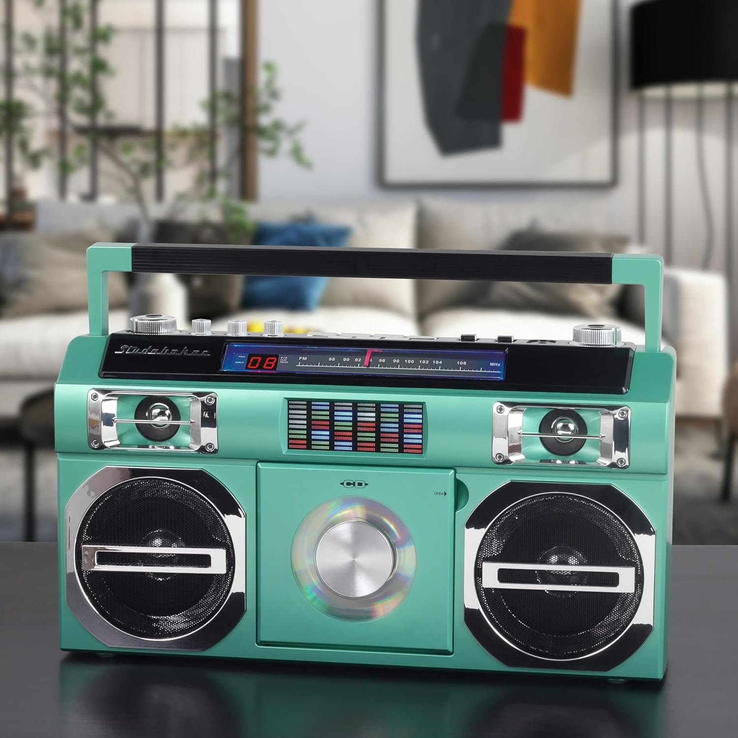 Studebaker SB2145TE 80's Retro Street Bluetooth Boombox with FM Radio, CD Player, LED EQ, 10 Watts RMS Power and AC/DC in Teal - Image 5
