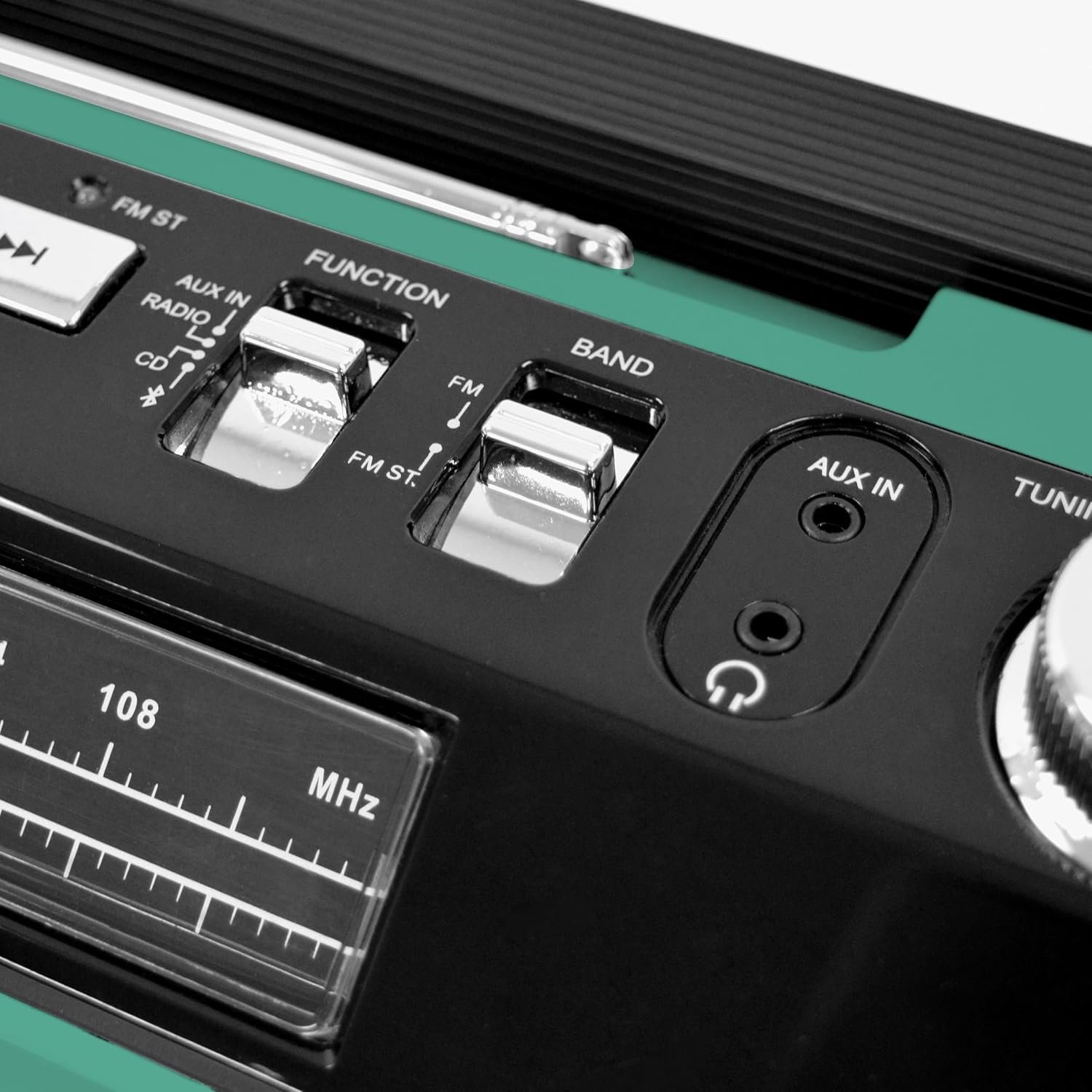 Studebaker SB2145TE 80's Retro Street Bluetooth Boombox with FM Radio, CD Player, LED EQ, 10 Watts RMS Power and AC/DC in Teal - Image 4