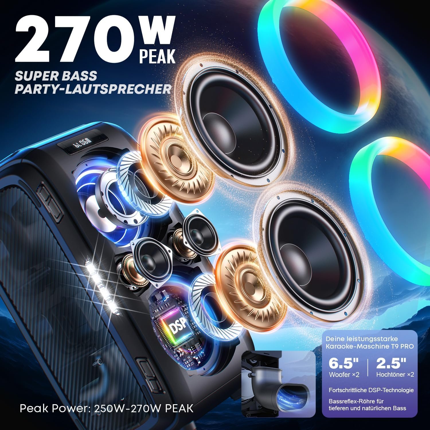 W-KING 270W Peak Party Large Loudest Bluetooth Speaker Bigest Boom Box, Portable Speakers Wireless/12 Custom Deepest Bass/Massive 125dB 6.5''x2 Subwoofer/IPX5/MIC>R in/USB/TF/AUX, Removable Battery - Image 3