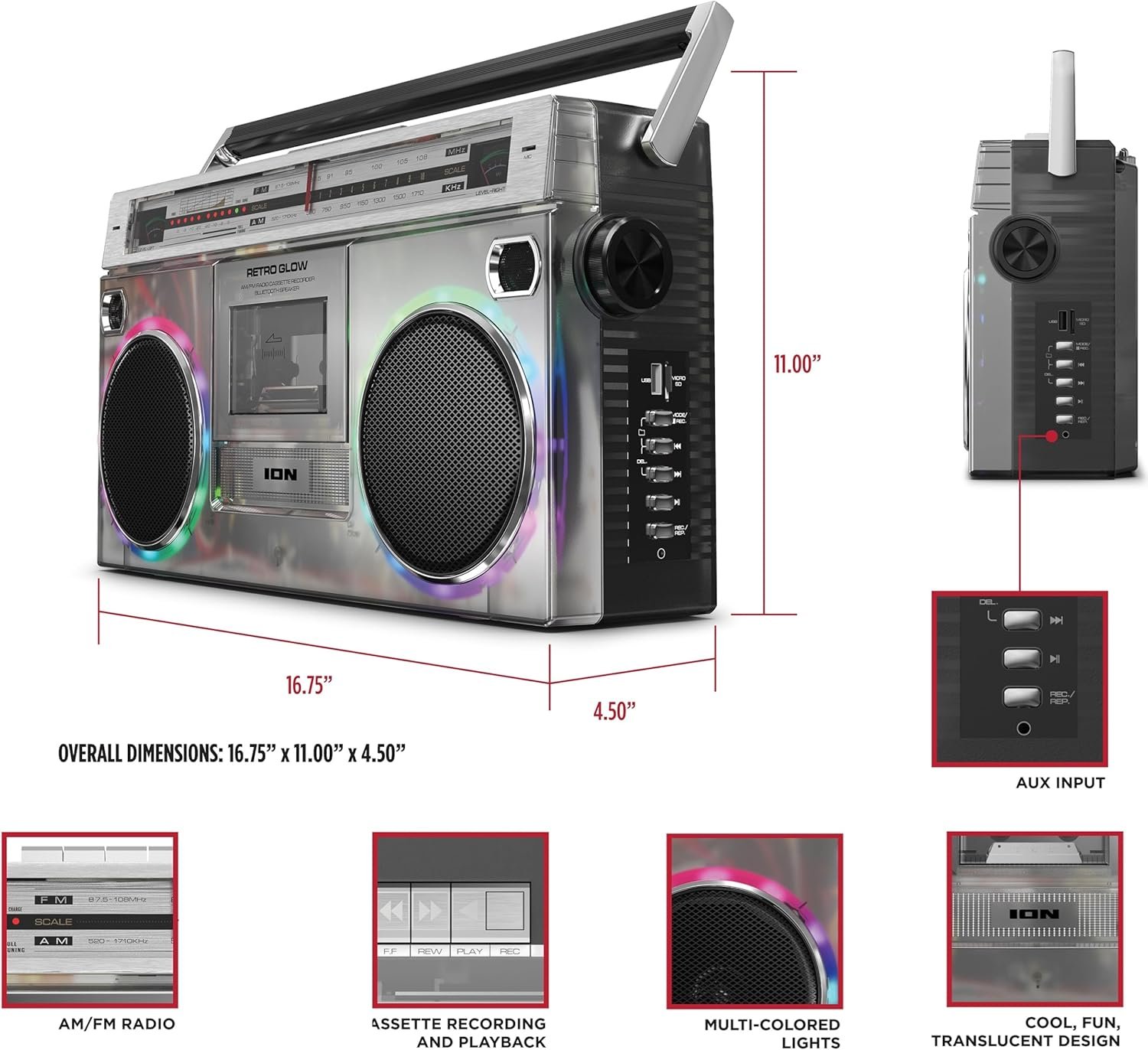 ION Audio Retro Glow Boombox - Deluxe Stereo AM/FM Radio Cassette Dual Speakers Full-Range Bass and Bluetooth (Renewed) - Image 9