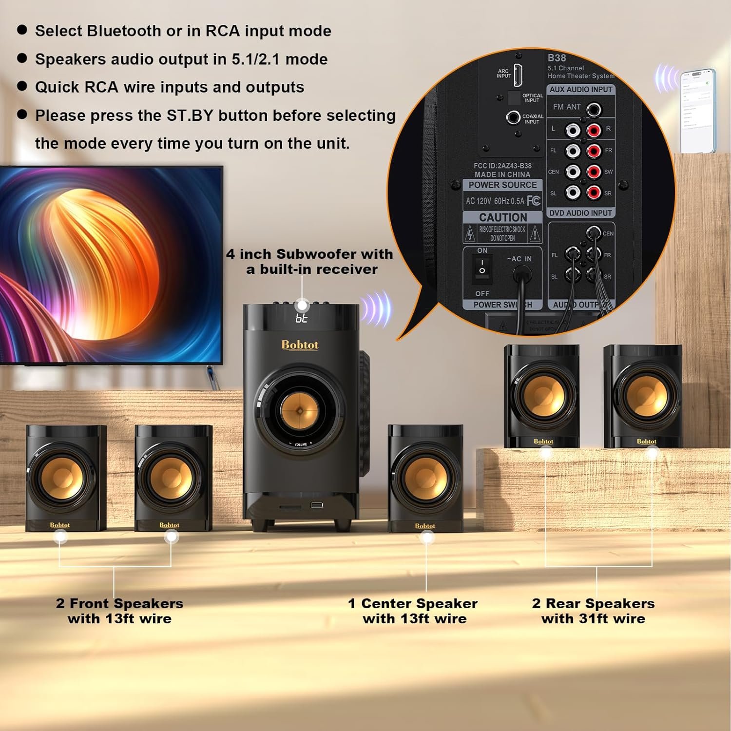 Bobtot Small Subwoofer Home Theater for TV Surround System 5 Wired Speakers Amplifier 4 inch Woofer Built-in Receiver Support ARC Optical Bluetooth Input for Projector - Image 8