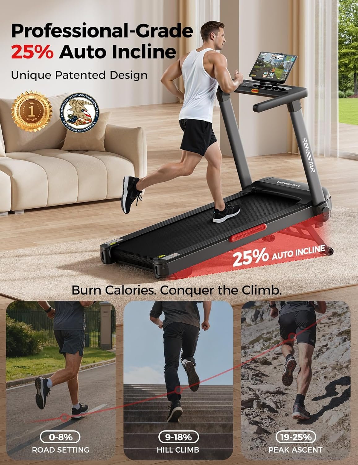 Renestar Treadmill for Home with 25% Auto Incline - 8.5MPH Max Speed, Extra Large LED Touchscreen, 300LBS Capacity, Bluetooth Speaker, 3.5HP Home Office Treadmills for Running Jogging Walking - Image 2