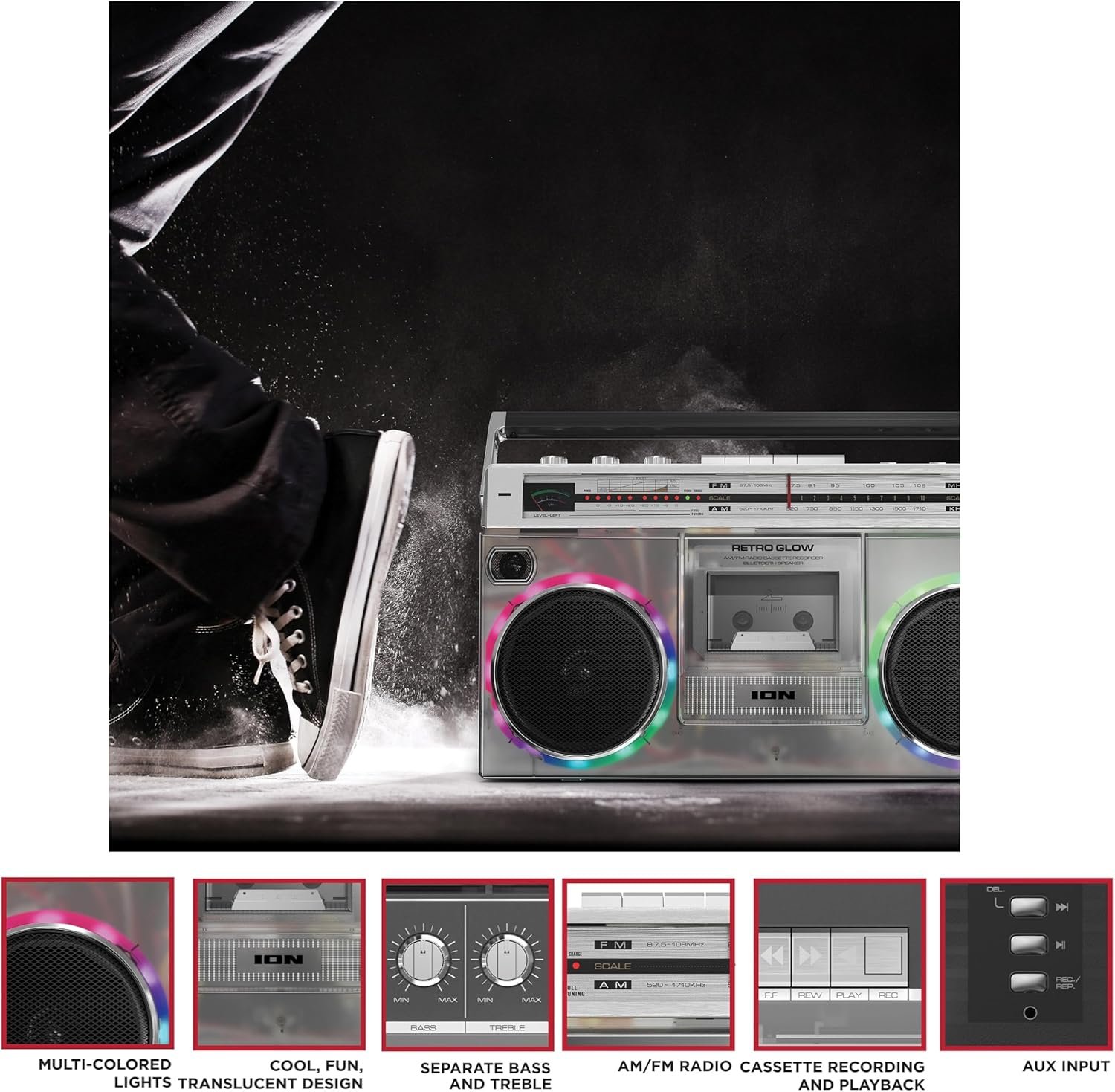 ION Audio Retro Glow Boombox - Deluxe Stereo AM/FM Radio Cassette Dual Speakers Full-Range Bass and Bluetooth (Renewed) - Image 5