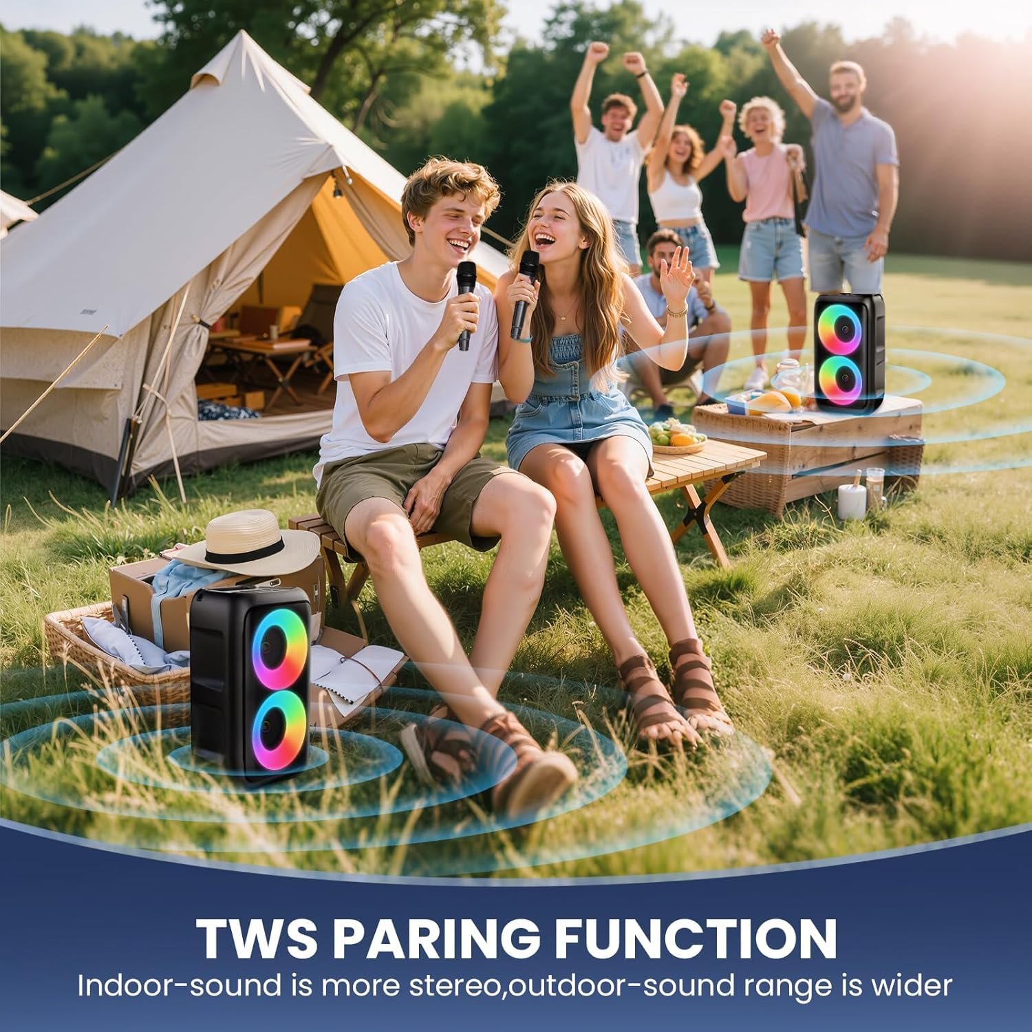 Bluetooth Speaker with 2 Wireless Microphones - Big Party Speaker for Adults Kids Karaoke with Lights - Portable Rechargeable Floorstanding Speakers Support TWS/AUX/USB/TF Card for Home Party Gift - Image 5