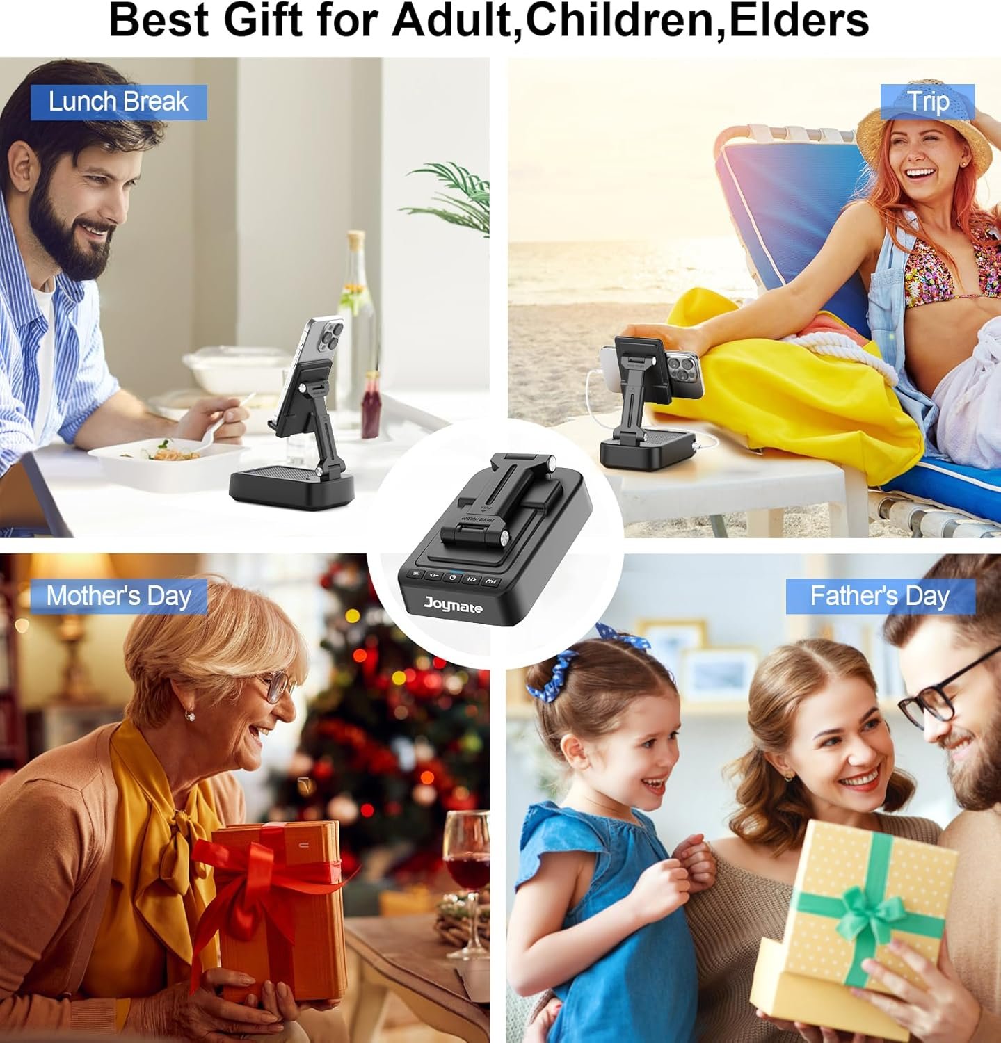 Gifts for Men Women, Phone Stand with Bluetooth Speaker and Charging Function 360° Rotable Angle Adjustable Cell Phone Holder with HD Stereo Sound Fits All Phones,Tablet (Black) - Image 6