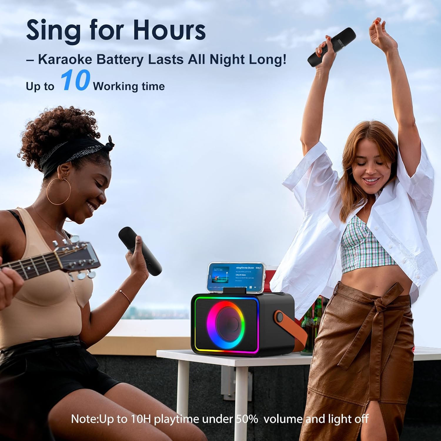 Karaoke Machine,Portable Bluetooth Speaker with 2 Wireless Microphone for Adults & Kids with LED Lights, Karaoke Microphone with PA System Supports USB/TF/AUX,Gift for Party(Black) - Image 6