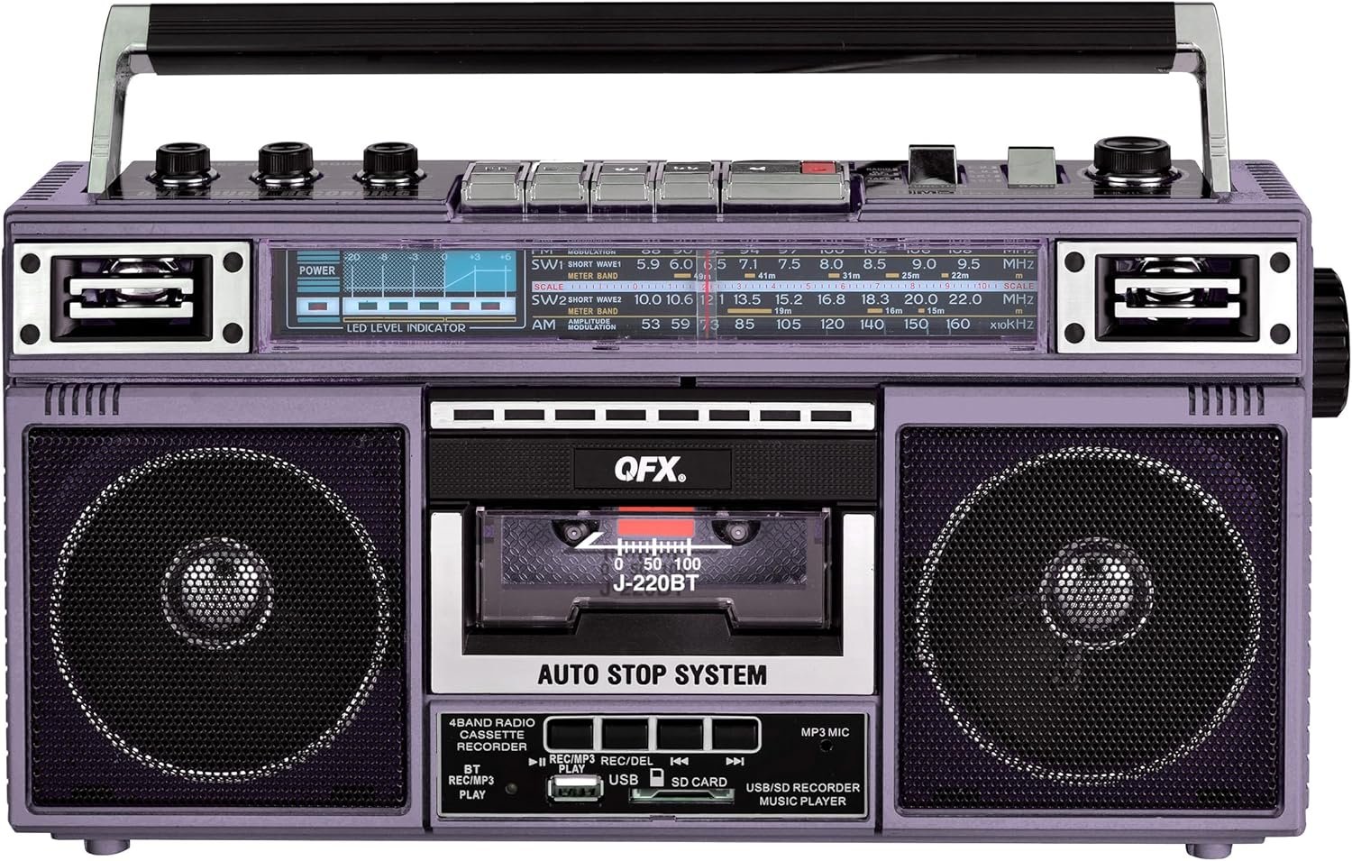 QFX J-220BT Purple Boombox MP3 Conversion from Radio to Cassette with 4-Band (AM, FM, SW1, SW2) Radio with Bluetooth, Dual 3” Speakers, Built-in Microphone, Recorder, and a 3-Band Equalizer