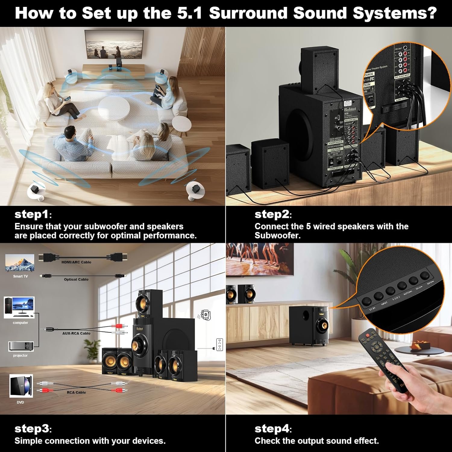 Bobtot Small Subwoofer Home Theater for TV Surround System 5 Wired Speakers Amplifier 4 inch Woofer Built-in Receiver Support ARC Optical Bluetooth Input for Projector - Image 6