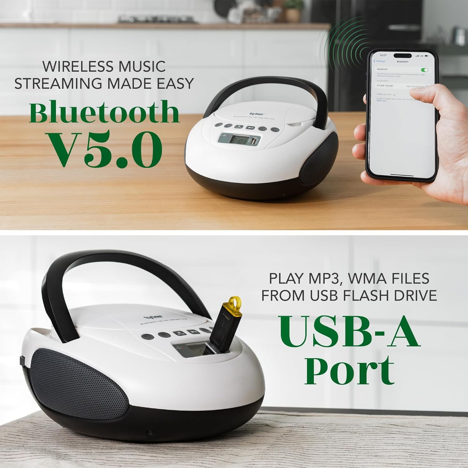Tyler Portable CD Player Boombox with FM Radio, Bluetooth, and USB Port | Clear Stereo Sound | CD-R/RW and MP3 CDs Compatible | 3.5mm Aux Input and Headphone Jack | TAU107 - White - Image 5
