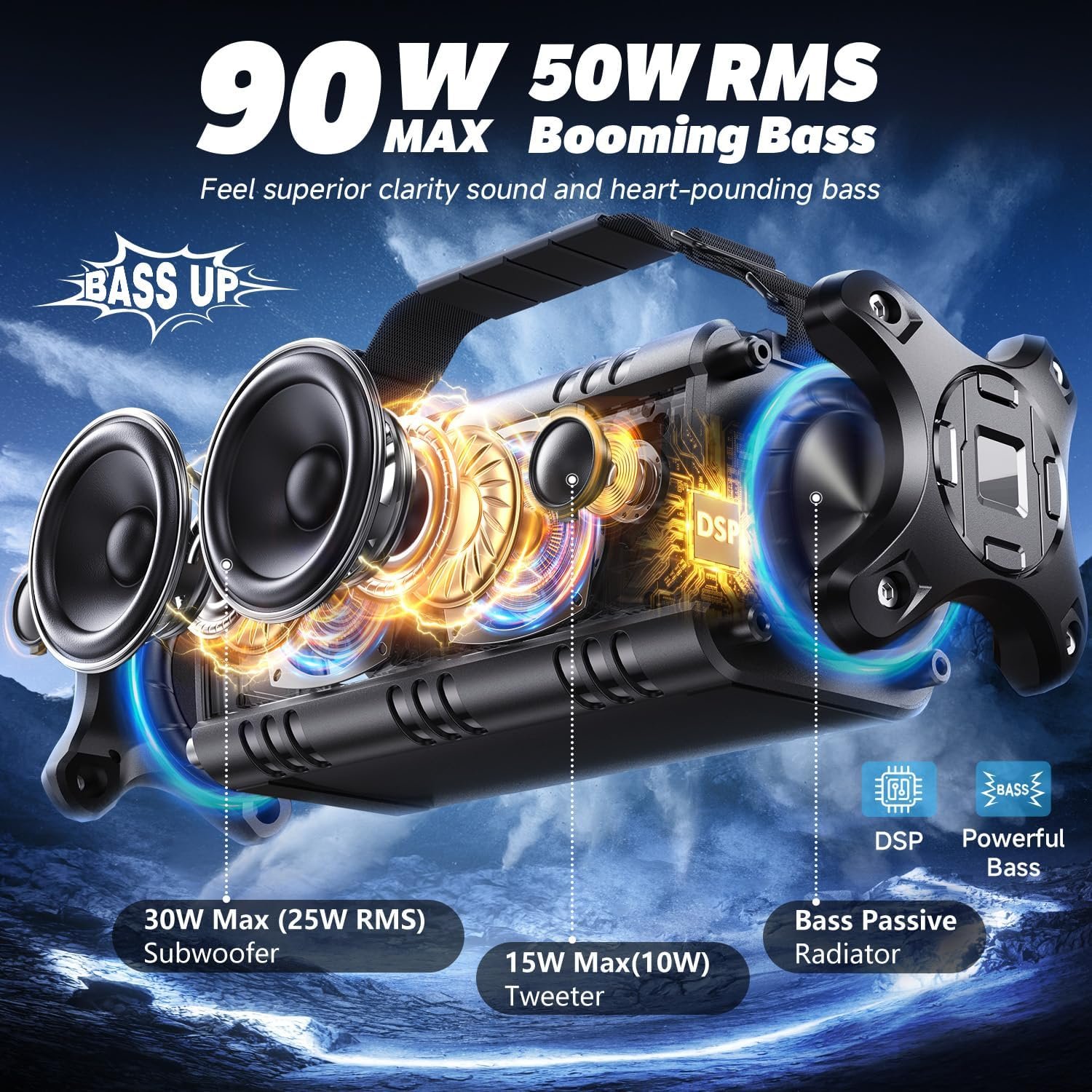 W-KING Bluetooth Speaker, 90W Max Portable Outdoor Speaker Loud, IPX6 Waterproof/50W Deep Bass Subwoofer/40H/EQ/Dual Pairing/TF/AUX, Large Boombox Speakers Bluetooth Wireless for Party/Beach/Jobside - Image 2