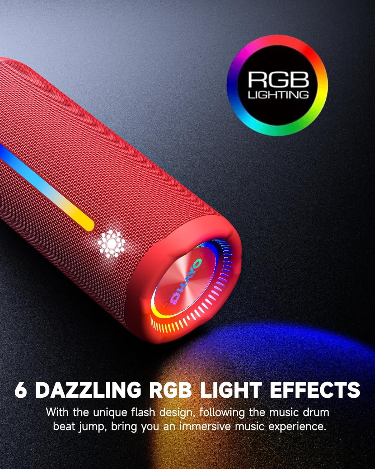 OHAYO Bluetooth Speaker, Portable Wireless, IPX7 Waterproof, Powerful 25W Sound, 24H Playtime, Dual Pairing, Active Bass, Colorful Lights, Bluetooth 5.3, Outdoor Speakers for Home/Party/Beach, Red - Image 3